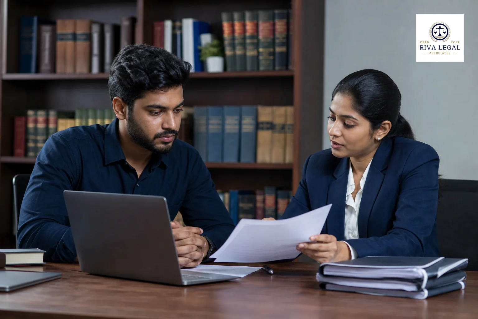 Photorealistic photograph, natural office lighting, a young Indian entrepreneur and a professional woman advocate seated across a wooden desk reviewing printed legal documents and a laptop showing filing forms, muted navy and slate blue