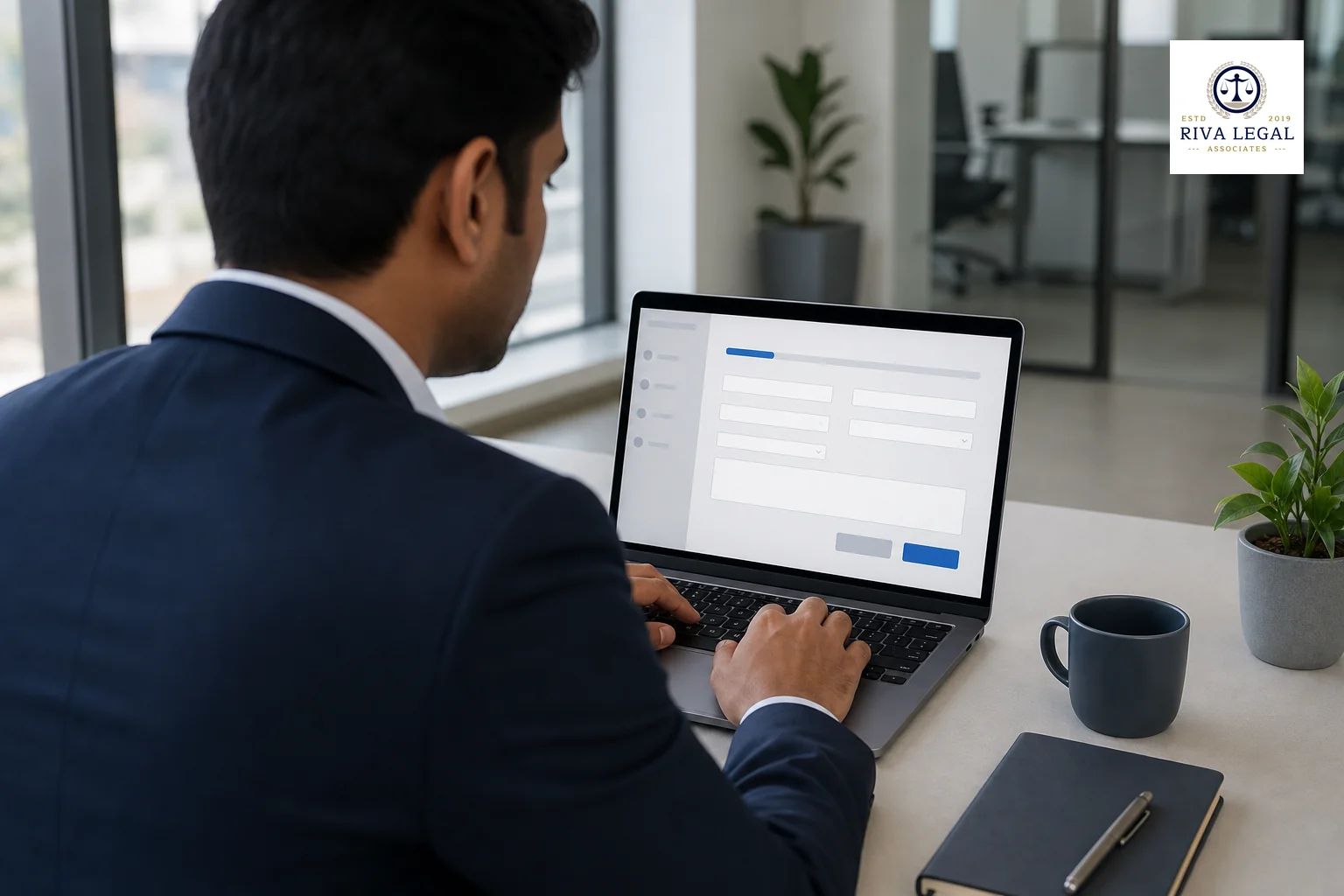 Photorealistic photograph, over-the-shoulder view of a professional in business attire typing on a laptop at a clean minimalist desk, laptop screen showing an abstract generic web form with blank fields and blue accent buttons, no readable