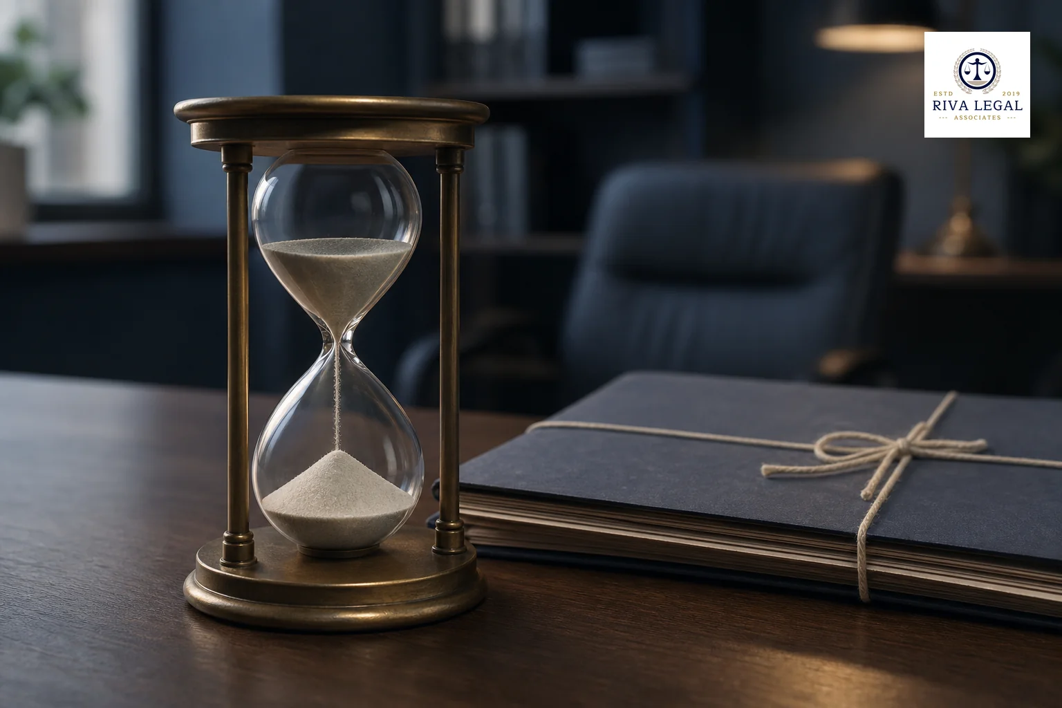 Photorealistic image, natural photography look: a close-up of an hourglass sitting on a dark wooden desk beside a closed legal folder tied with string, sand mid-flow, shot with shallow depth of field. Background softly blurred office