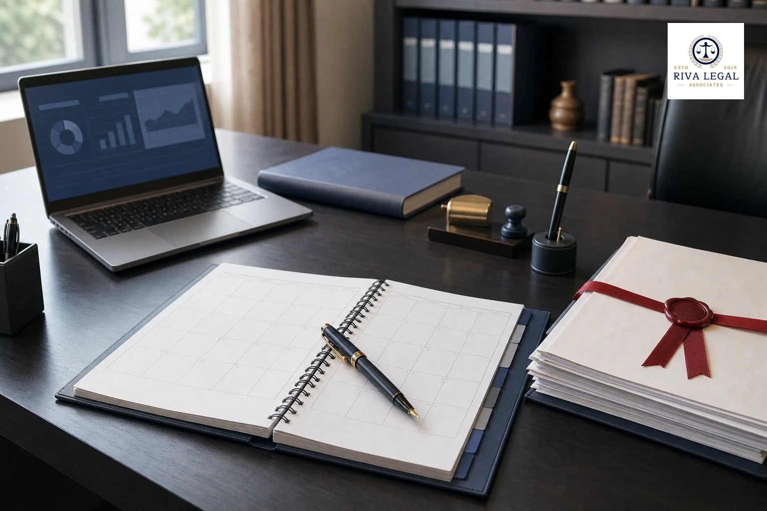Photorealistic image, natural photography look: a tidy advocate's desk in an Indian law office, viewed from a slight overhead angle, showing an open desk calendar/planner with visible year tabs, a fountain pen resting on it, a small stack