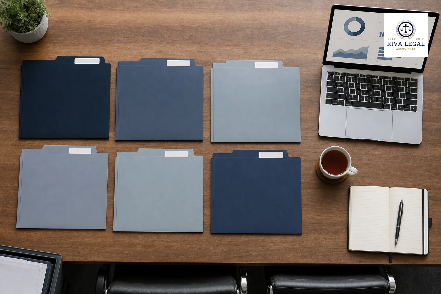 Photorealistic image, natural photography look: an overhead flat-lay shot of a wooden conference table with several neatly arranged file folders of varying muted colors (navy #131e34, slate #48516d, grey-blue #8494a6, #81879d), each folder