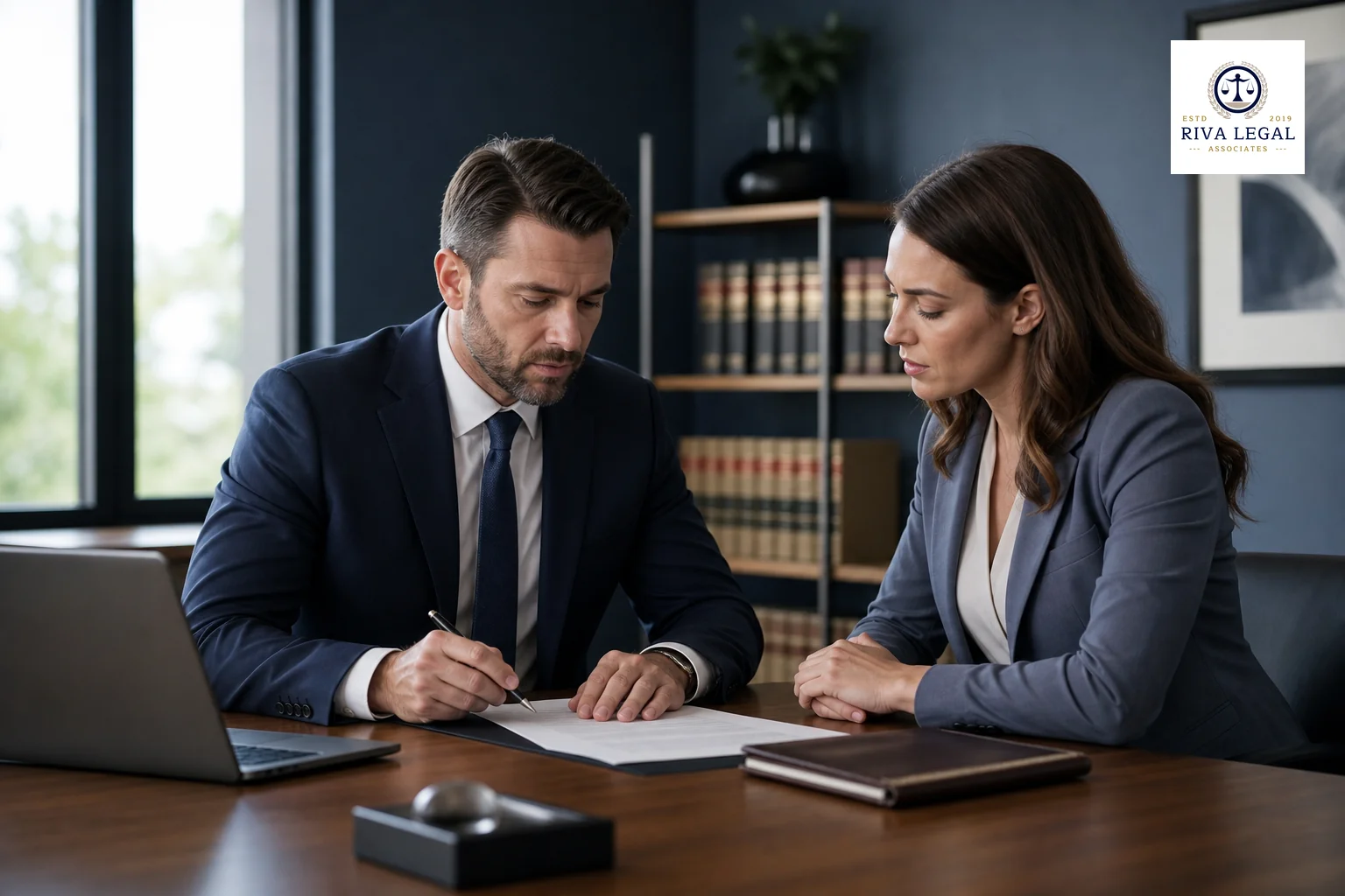 Two business professionals reviewing and signing a legal document at a wooden desk in a modern Indian law office. photorealistic: a well-lit modern law office interior in muted navy and slate tones (#131e34, #48516d, #8494a6), two