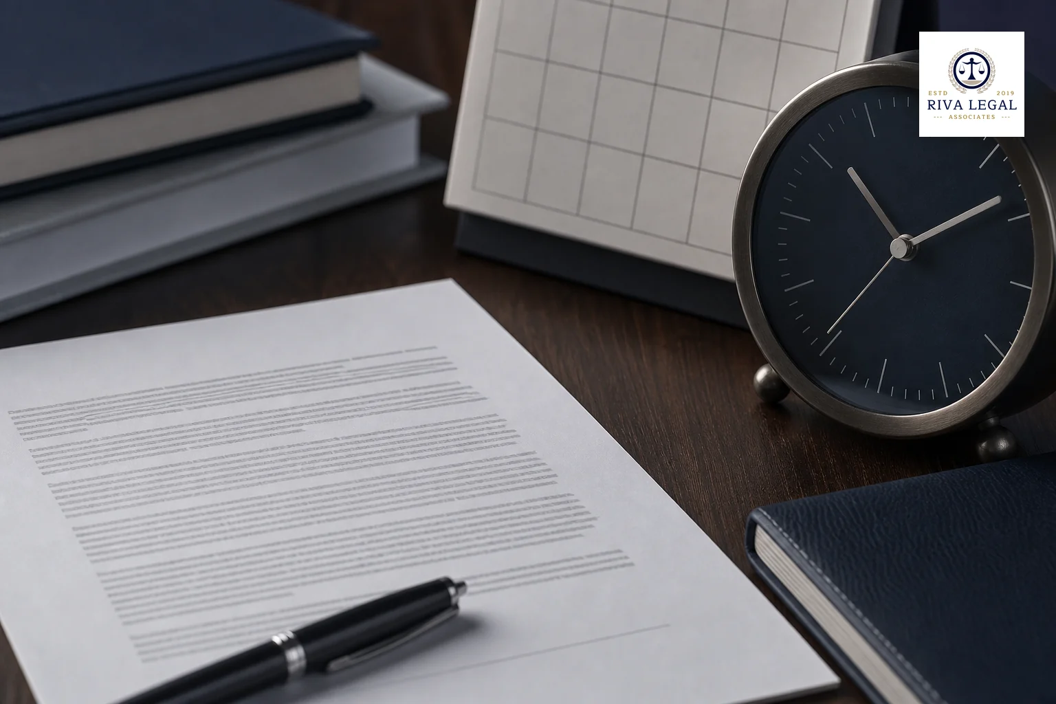 Close-up of a printed contract page with a calendar and clock symbolising confidentiality term and deadlines. photorealistic: close-up still-life composition of a printed legal agreement page, a desk calendar, and an analogue clock arranged