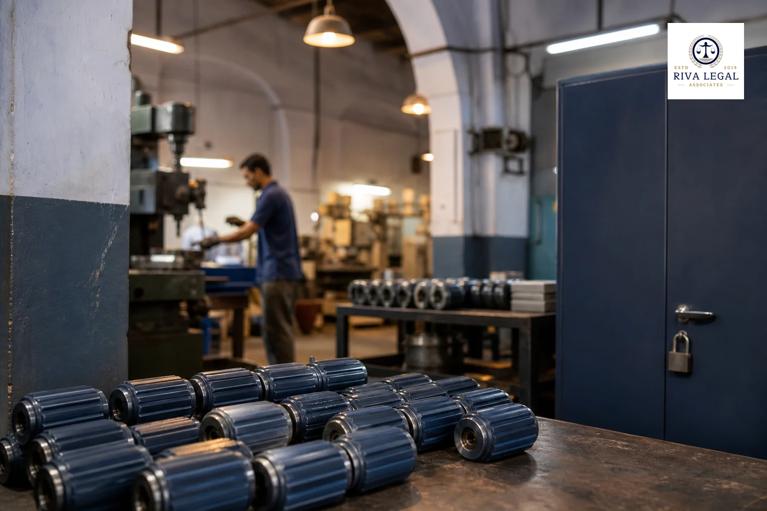 photorealistic: interior of a small-scale manufacturing workshop in Rajasthan, India, with machinery and a locked cabinet in the background suggesting restricted access, warm industrial lighting contrasted with cool blue-grey brand tones