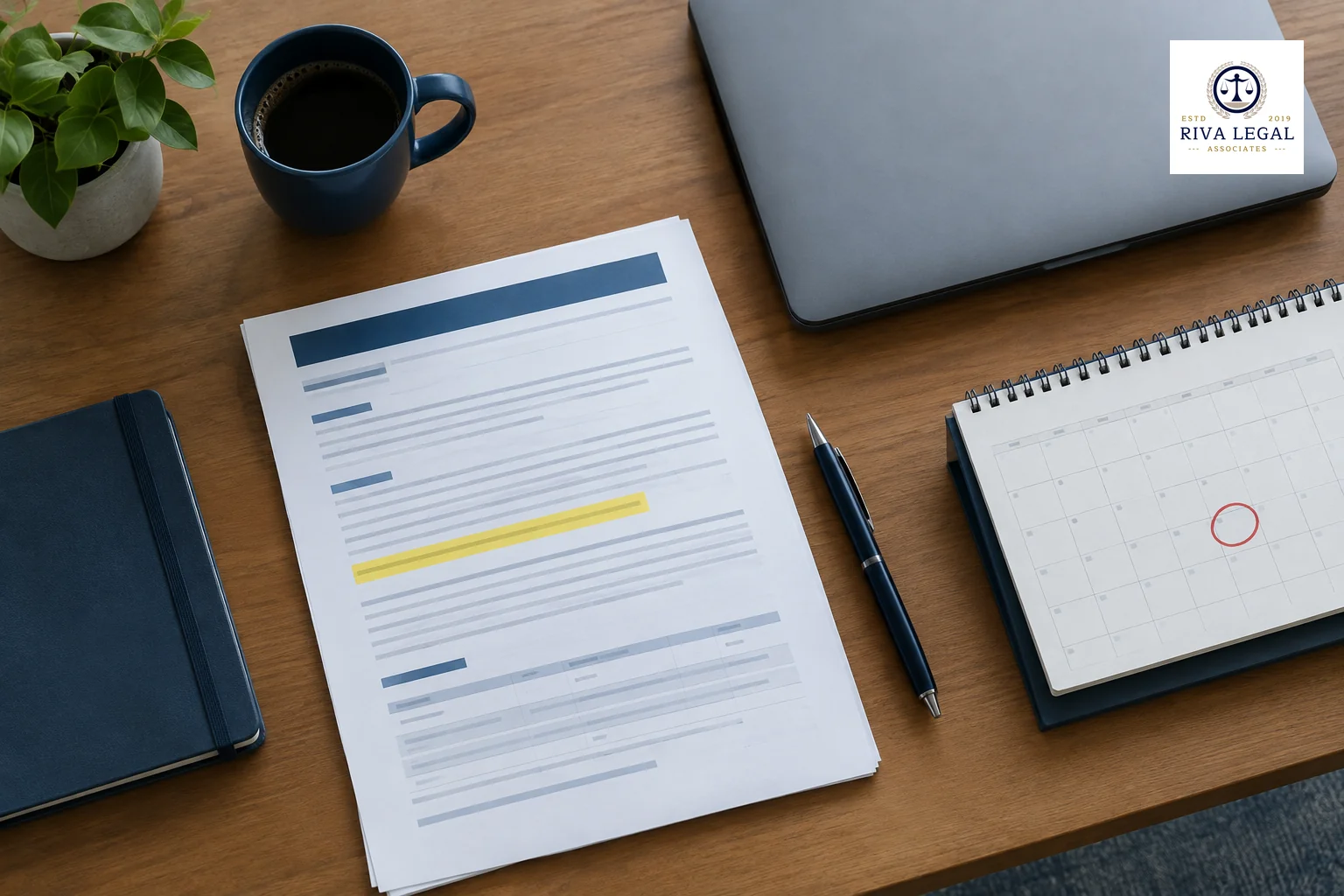 Printed examination report and calendar beside a laptop showing a status search page on a desk in a Jaipur chambers