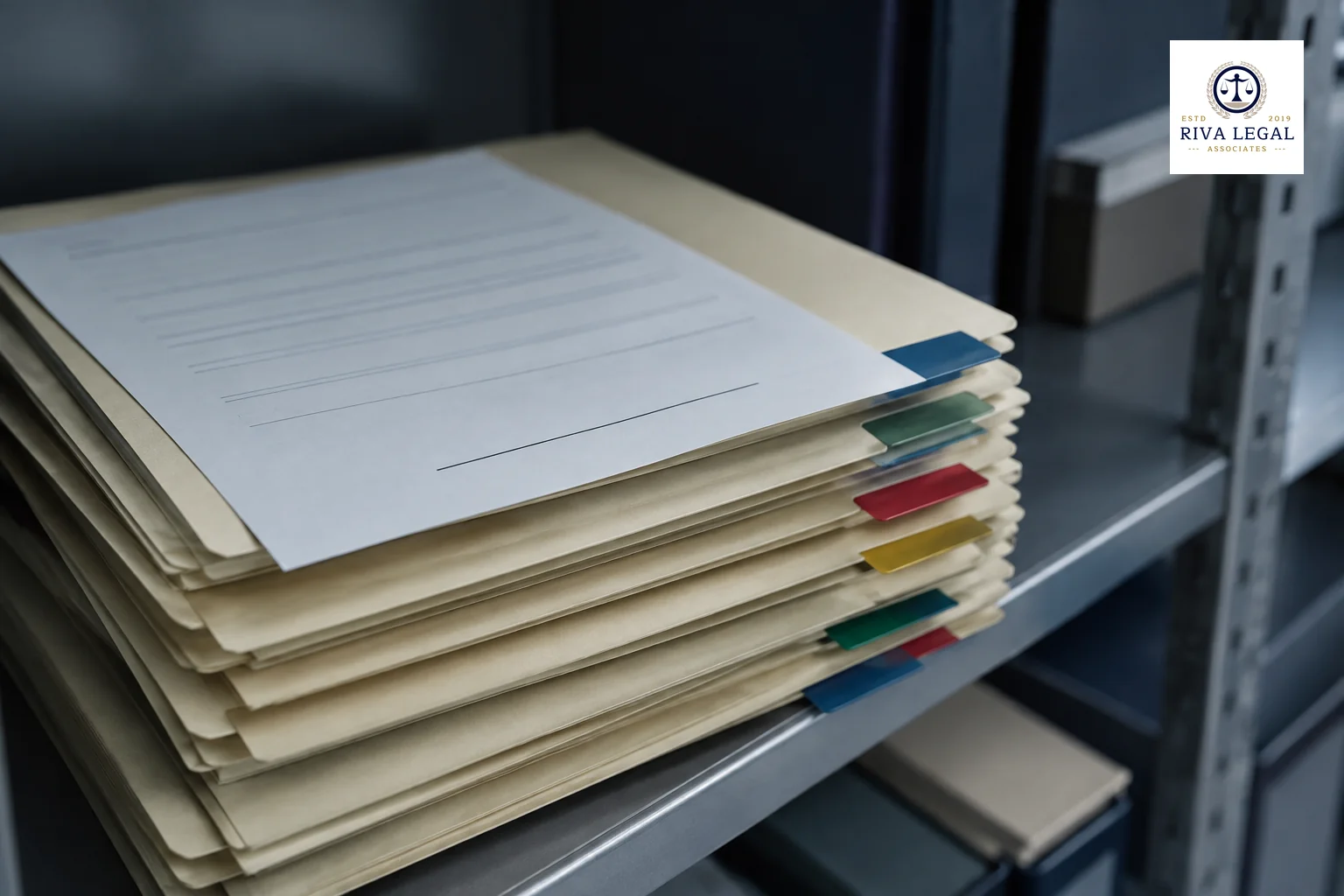 Stack of physical trademark application files with a loose unsigned form on top in a registry-style filing room