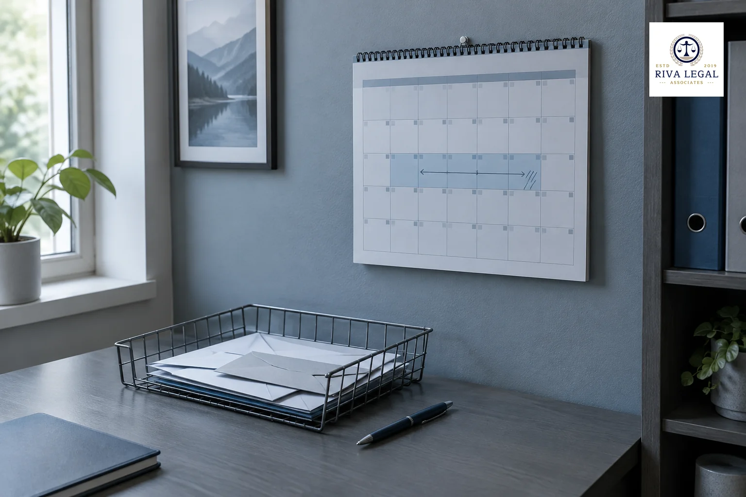 Wall calendar and mail tray with unopened envelopes illustrating missed correspondence deadlines in a small office