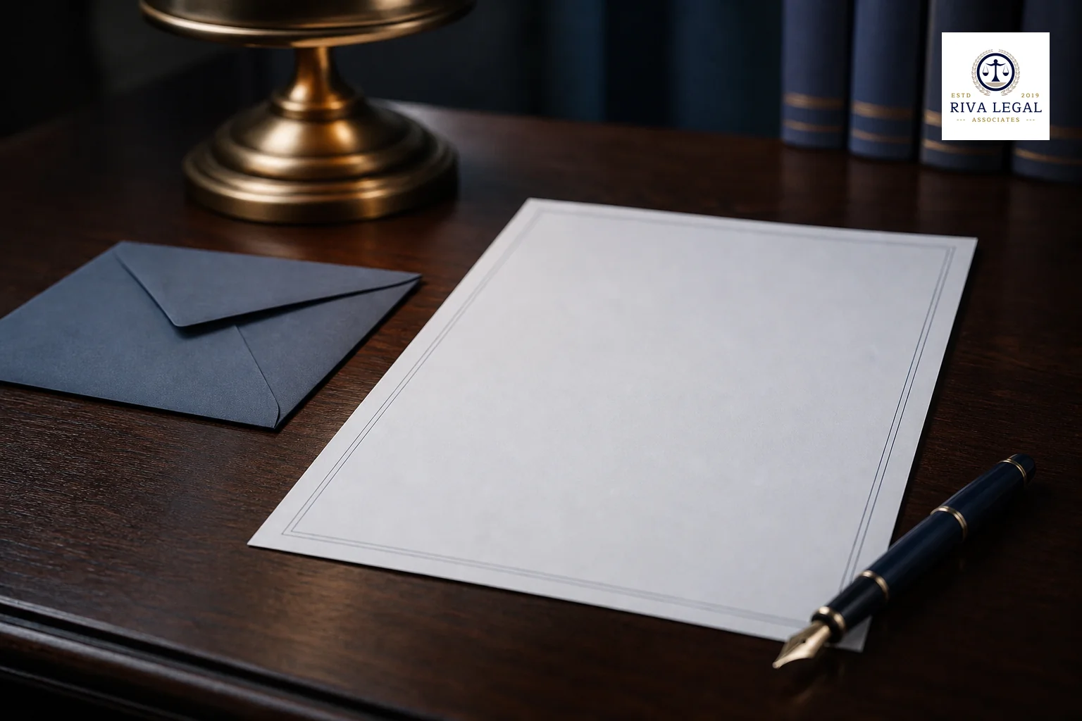 photorealistic close-up photo of a formal printed letter on a wooden desk with a fountain pen resting beside it and an envelope, a small brass desk lamp casting soft light, muted dark blue and grey color palette (#131e34, #8494a6), serious