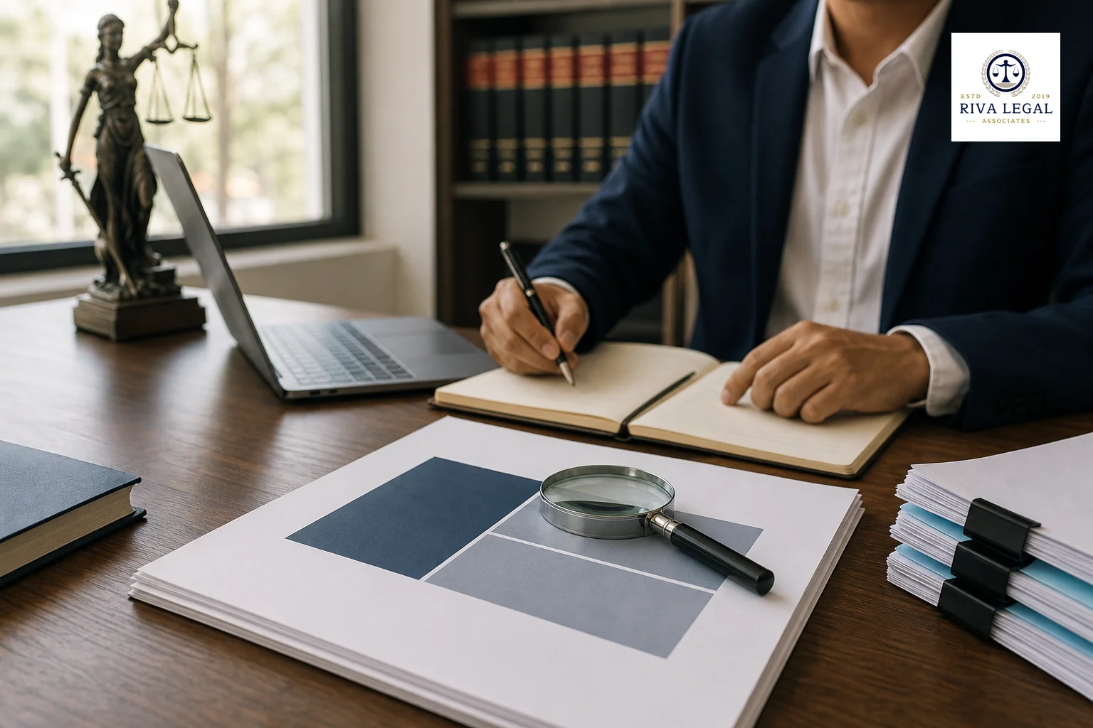 A law office desk scene in Jaipur showing documents related to trademark evidence review. photorealistic photo of a law office desk in India with a laptop, printed documents, a magnifying glass over a printed logo page, and a notepad, warm