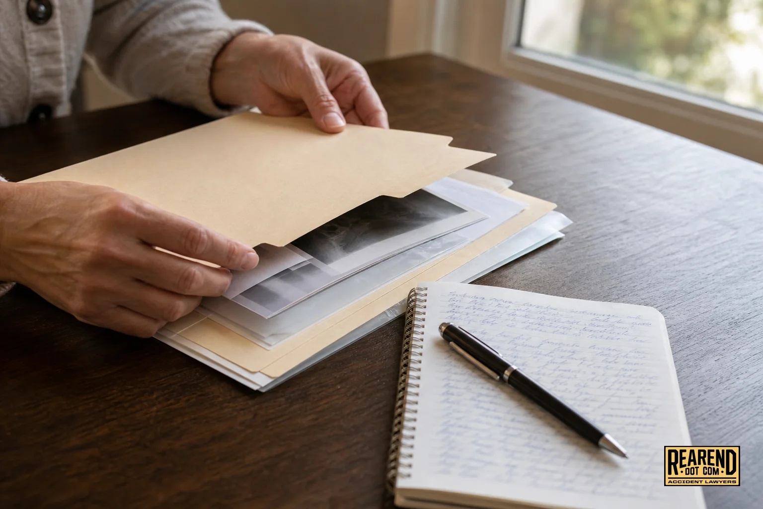 Close-up of a person organizing medical records and a symptom journal at a desk. Photorealistic close-up photo of hands organizing a folder of medical documents, a handwritten symptom journal notebook, and a pen on a wooden desk near a