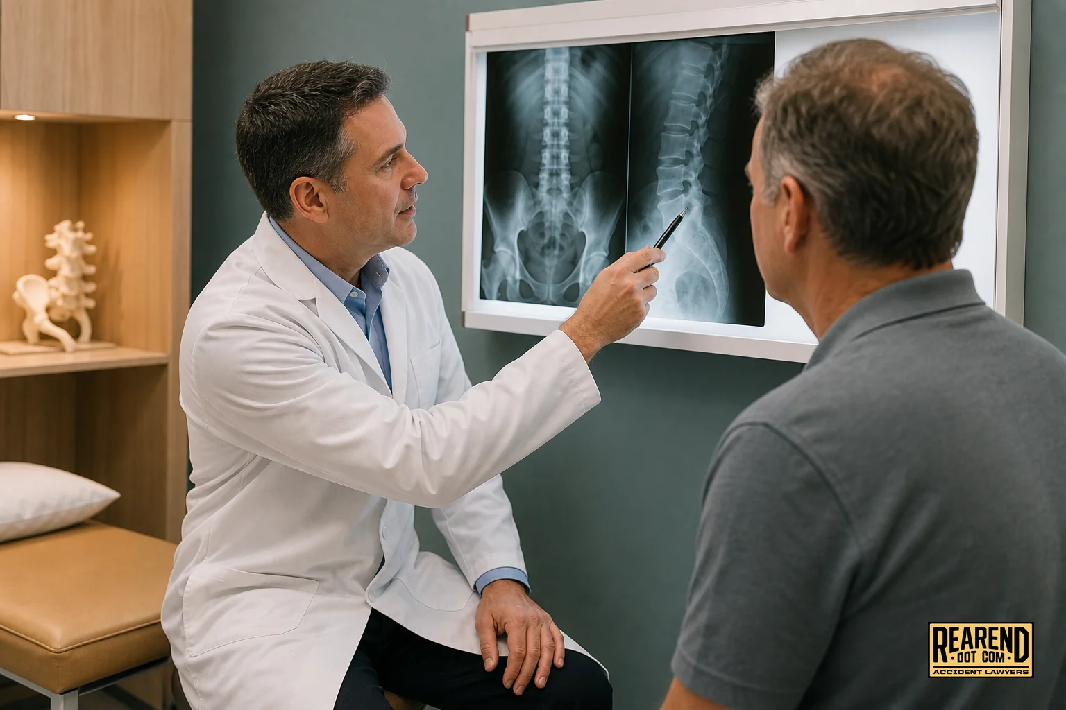 Doctor reviewing spinal X-ray or MRI images with patient. Photorealistic photo of a physician in a clinical office pointing at a lumbar spine X-ray displayed on a lightbox or monitor while an adult patient listens attentively, soft clinical