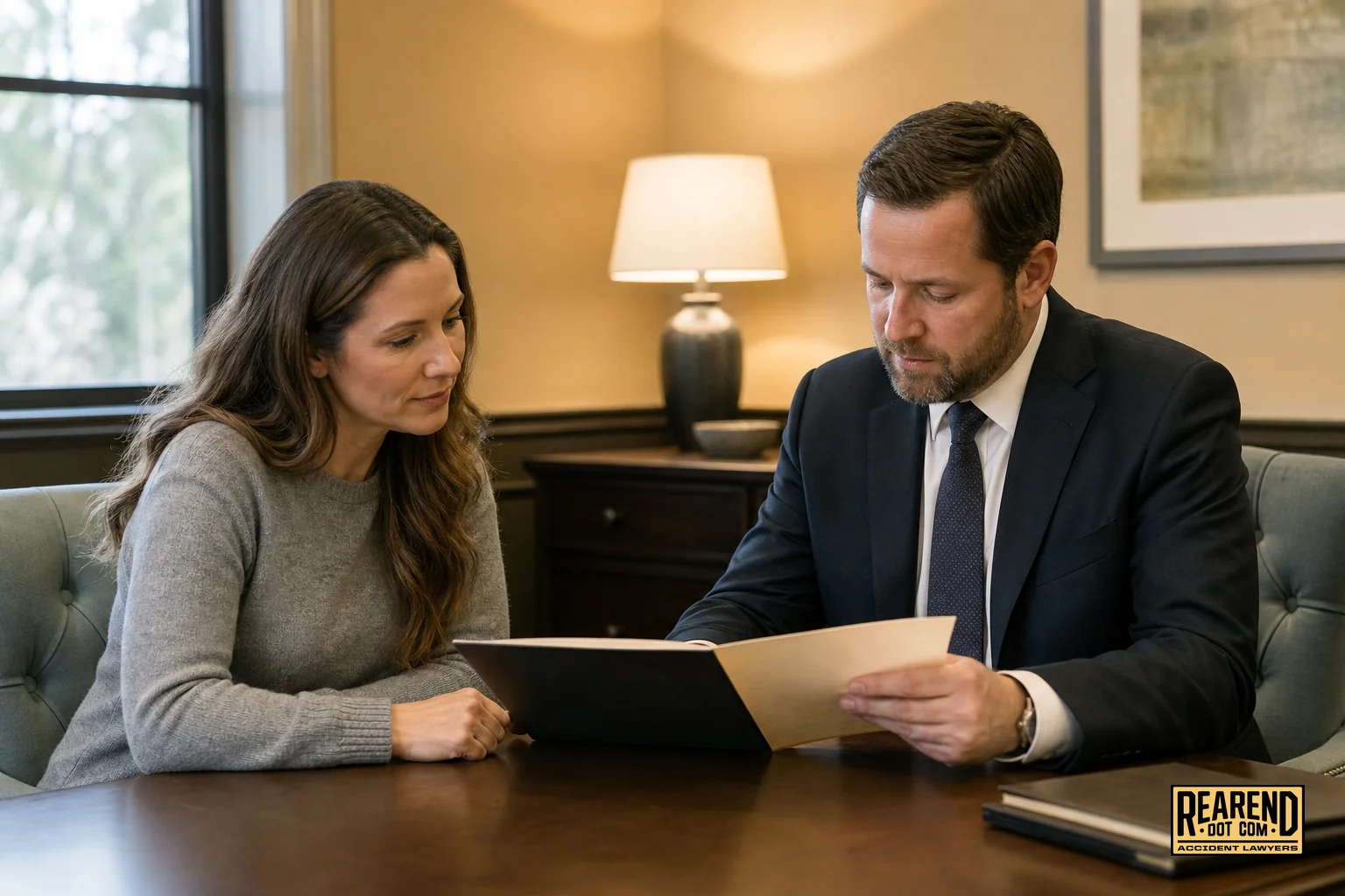 Attorney and client in consultation discussing a case file. Photorealistic photo of an attorney in business attire sitting across a table from a client, both reviewing a case folder together in a warmly lit office, genuine and attentive