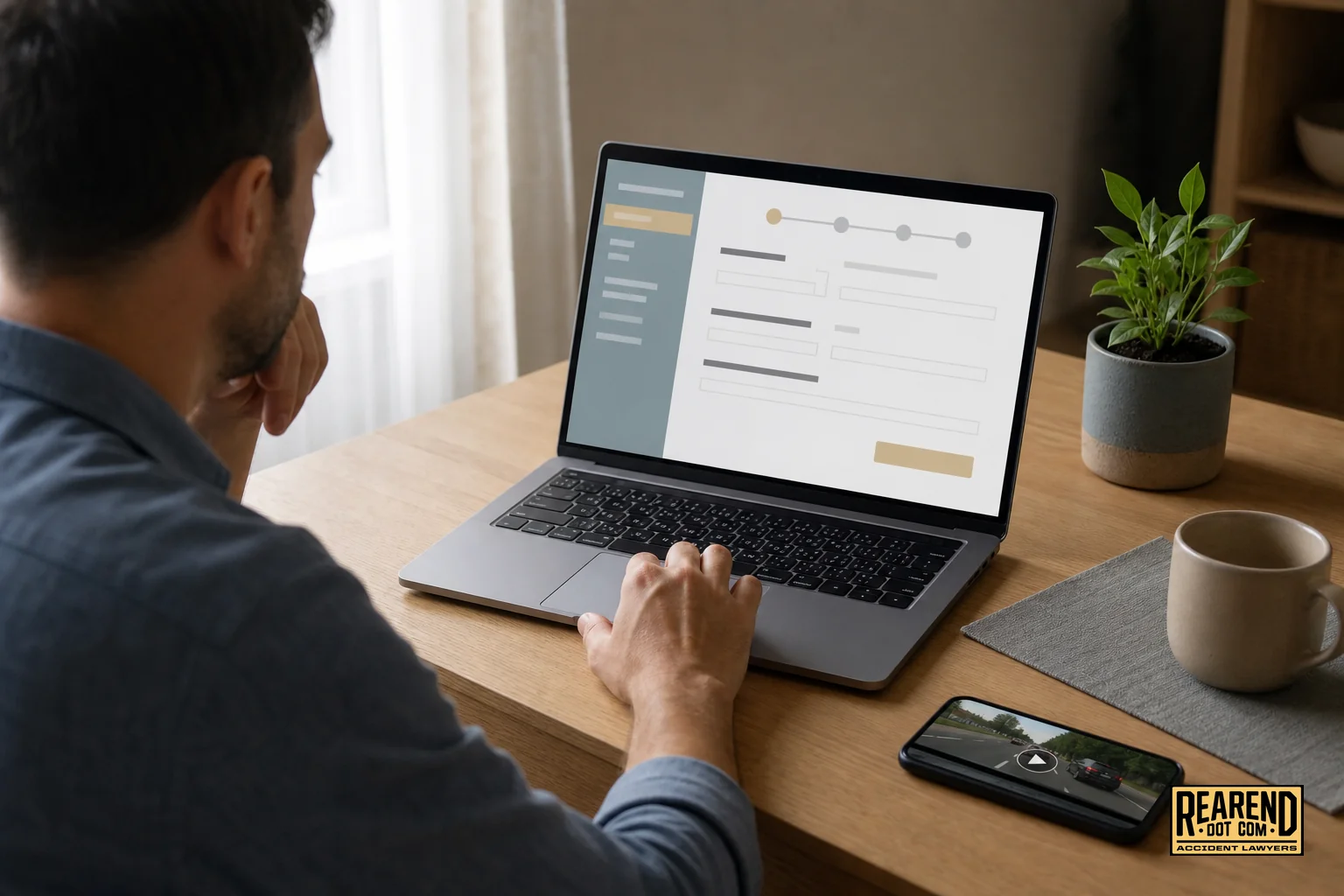 Person reviewing accident claim intake form on laptop with phone showing dashcam clip nearby. photorealistic photo of a person at a home desk reviewing an online accident claim intake form on a laptop, a smartphone beside it displaying a