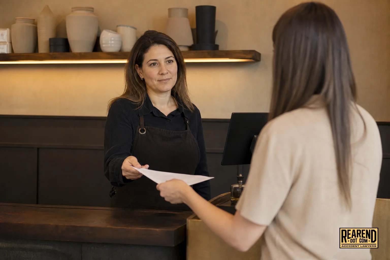 Person handing a written preservation request letter to a business manager. photorealistic photo of a person handing a printed letter to a small business manager standing near a shop counter, calm professional interaction, warm indoor