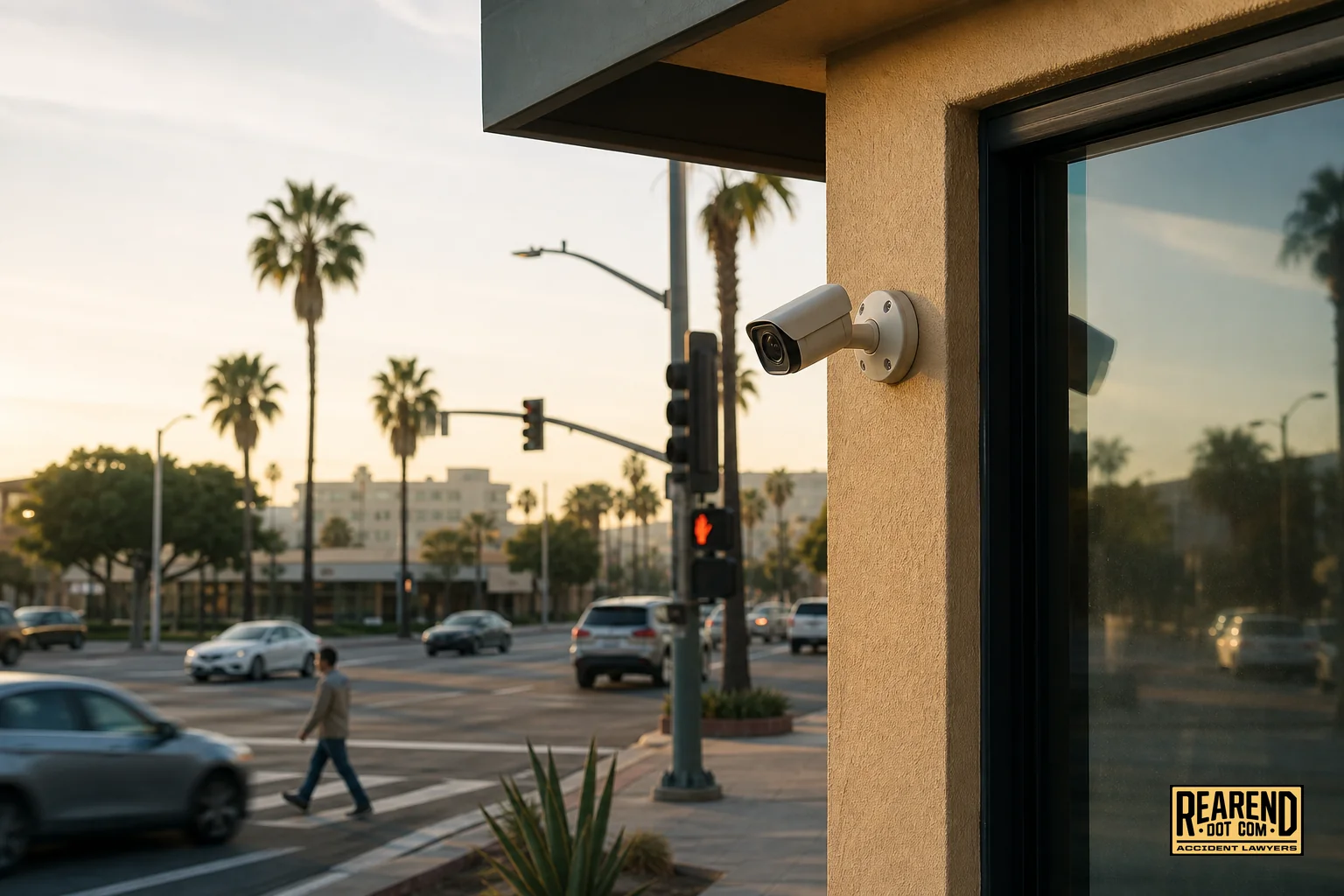 Storefront security camera mounted outside a small business near a busy intersection. photorealistic photo of a small security camera mounted on the exterior corner of a storefront overlooking a busy urban intersection in Southern