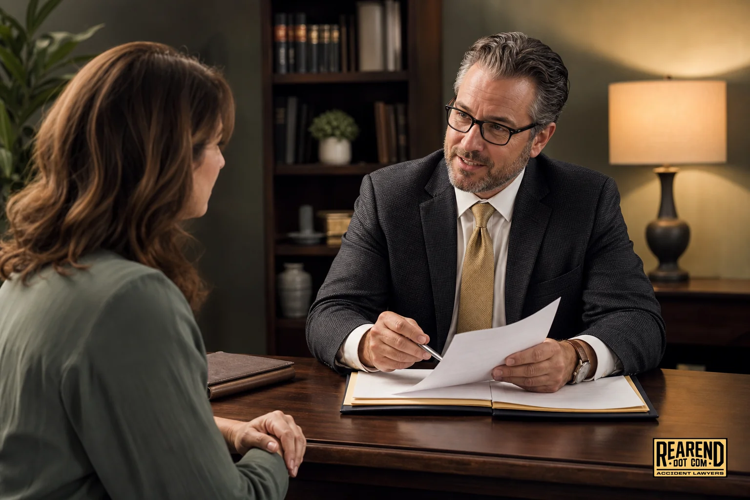 Photorealistic photograph of a professional attorney in a modest office setting explaining a document to a client across a wooden desk, both engaged in serious but warm conversation, warm ambient lighting with brand-consistent color grading