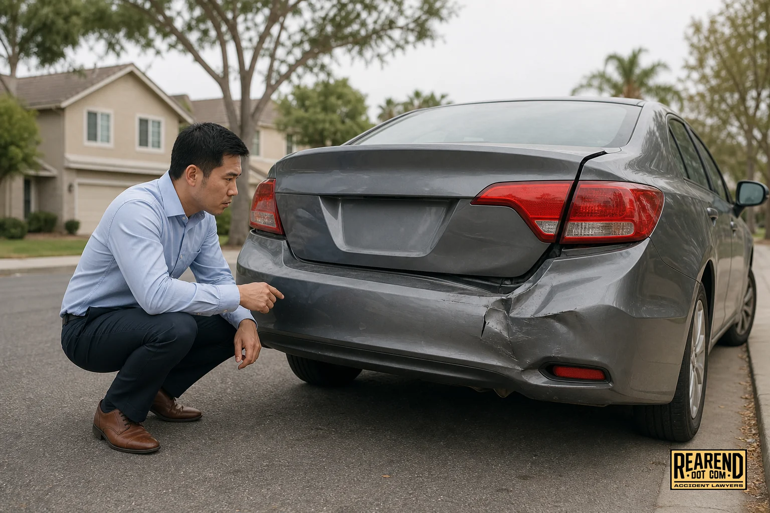 Photorealistic photograph of a sedan with a crumpled rear bumper parked on a quiet residential street in California, daytime, soft overcast lighting, muted color palette with slate gray (#7c8c8c) and warm beige (#e0c08f) tones in the