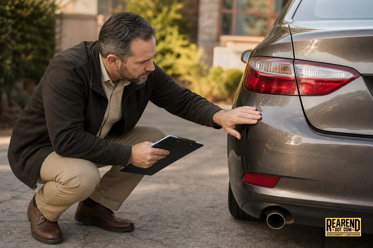 An independent auto appraiser inspecting a repaired vehicle's bumper and trunk area with a clipboard. photorealistic photo of a professional auto appraiser in casual business attire crouching beside the rear bumper of a repaired sedan