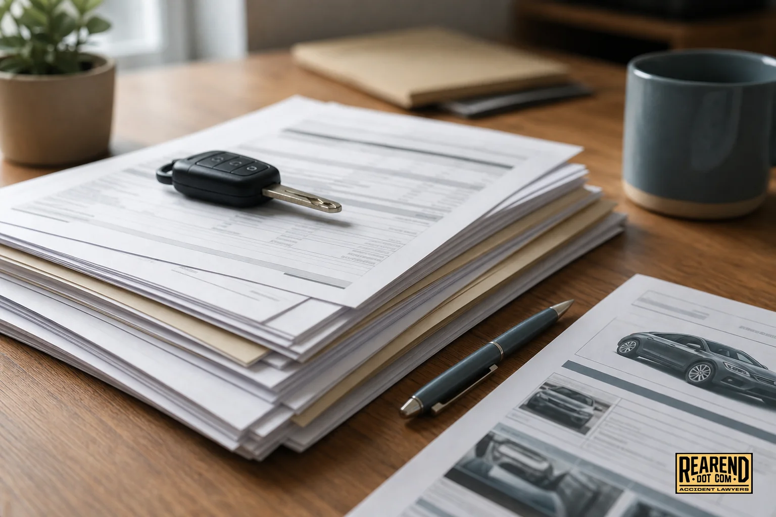 Close-up of paperwork, repair invoices, and a vehicle history report on a desk with a car key. photorealistic photo of a wooden desk with a stack of vehicle repair invoices, a printed vehicle history report, a car key, and a pen, soft