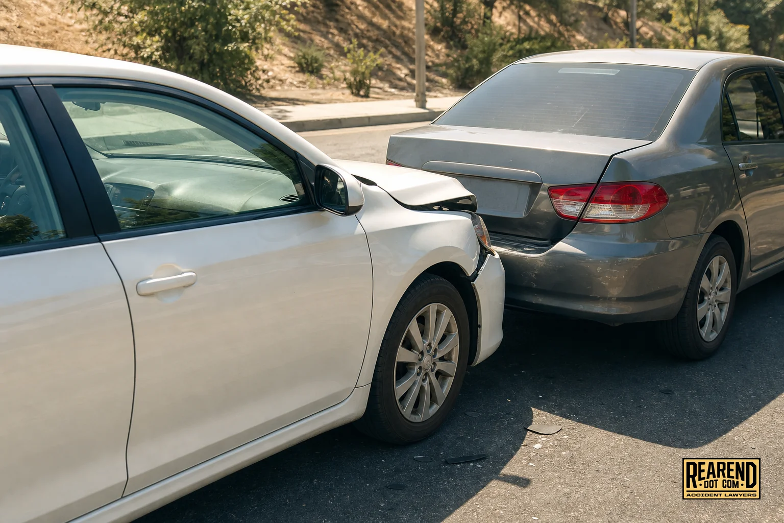 Photorealistic hero image of a rental car rear-end collision scene on a California street. Photorealistic photo of a light-colored sedan with a visible rental company sticker on the bumper, stopped behind another car after a minor rear-end