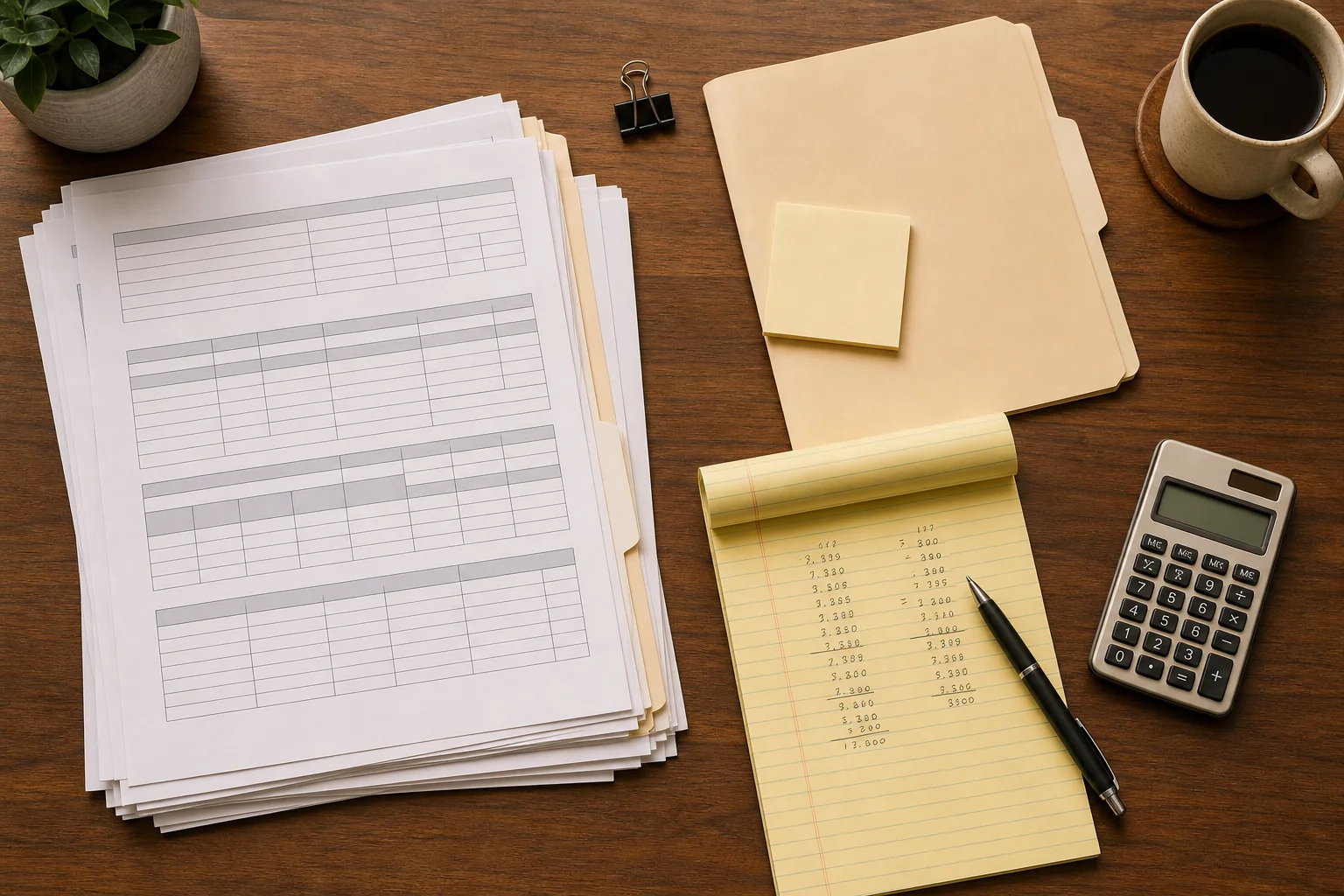 Organized desk with medical bills, legal documents, and a notepad showing damage calculations for a rear-end accident claim