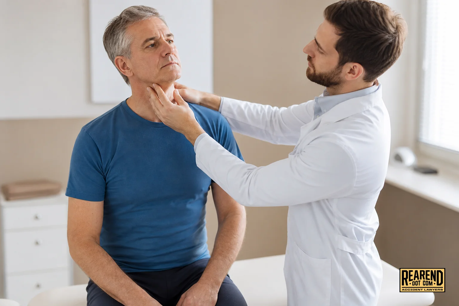A doctor examining a patient's neck and shoulder in a clinic exam room shortly after a car accident. Photorealistic photo of a doctor in a white coat examining a patient's neck and shoulder mobility in a bright clinic exam room, patient