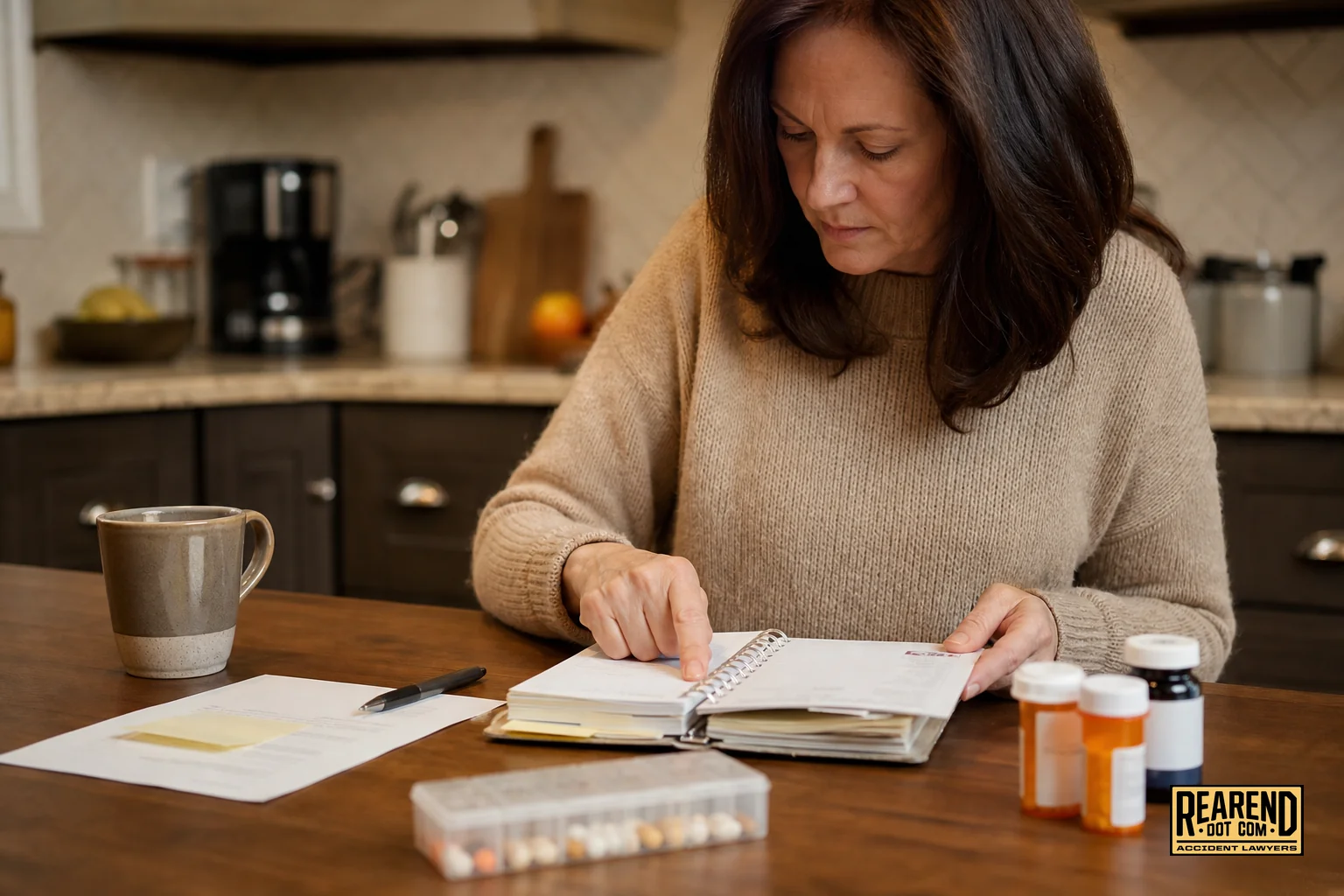 Photorealistic photo of a person at a kitchen table organizing medical paperwork and appointment reminders in a notebook, warm home lighting, muted color palette with beige #e0c08f and dark brown #443f33 accents, realistic lifestyle