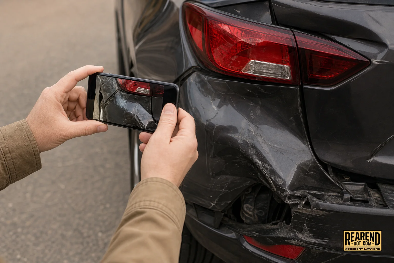 Photorealistic photo of a person's hands holding a smartphone, photographing the crushed rear bumper and taillight of a car after a rear-end collision, daylight, muted earthy color palette with warm beige (#e0c08f) and charcoal brown