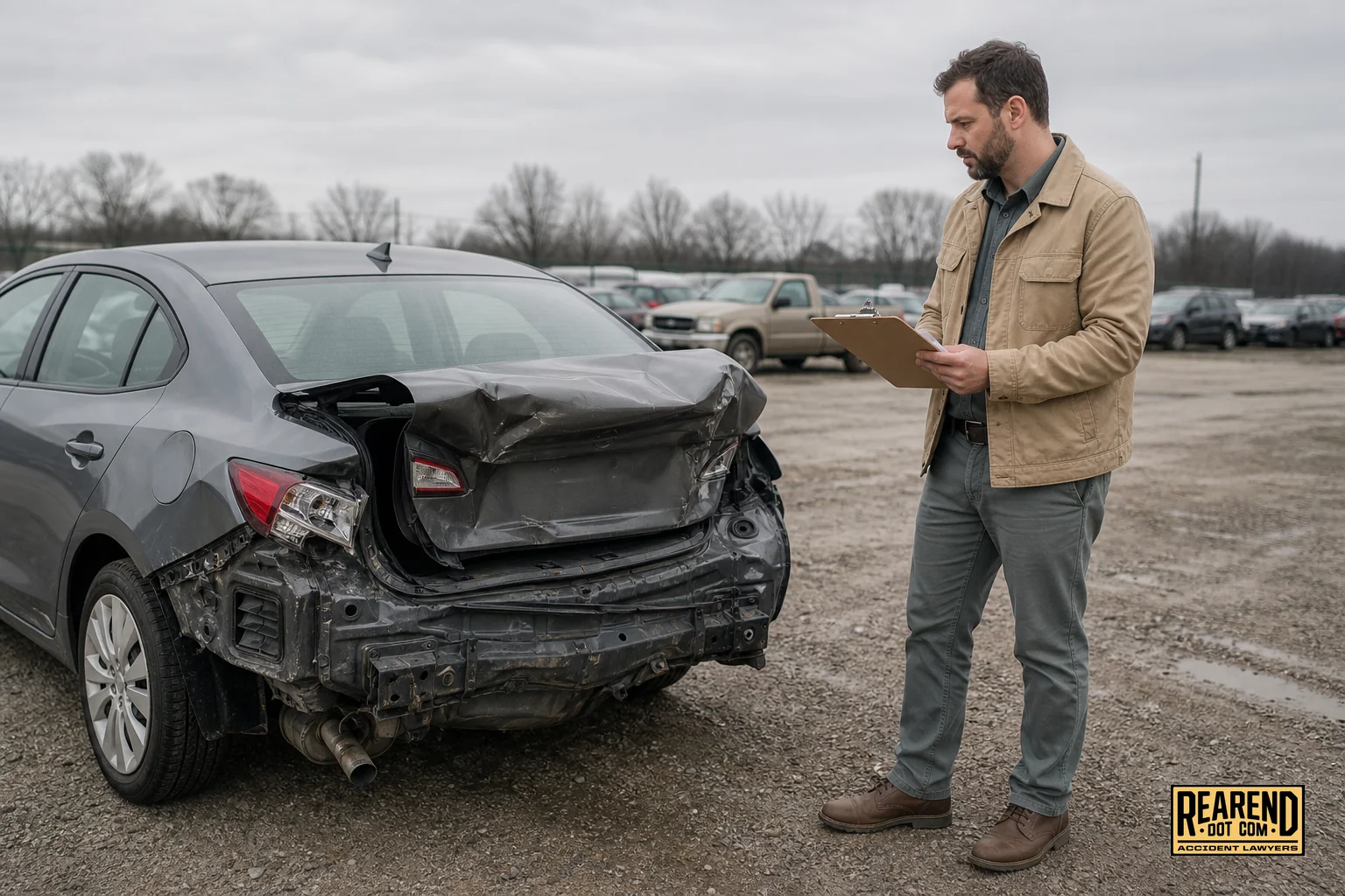 Photorealistic image of a claims adjuster or tow operator inspecting a totaled vehicle at a repair yard. Photorealistic photo of an insurance adjuster in business casual attire holding a clipboard, inspecting a totaled car with severe