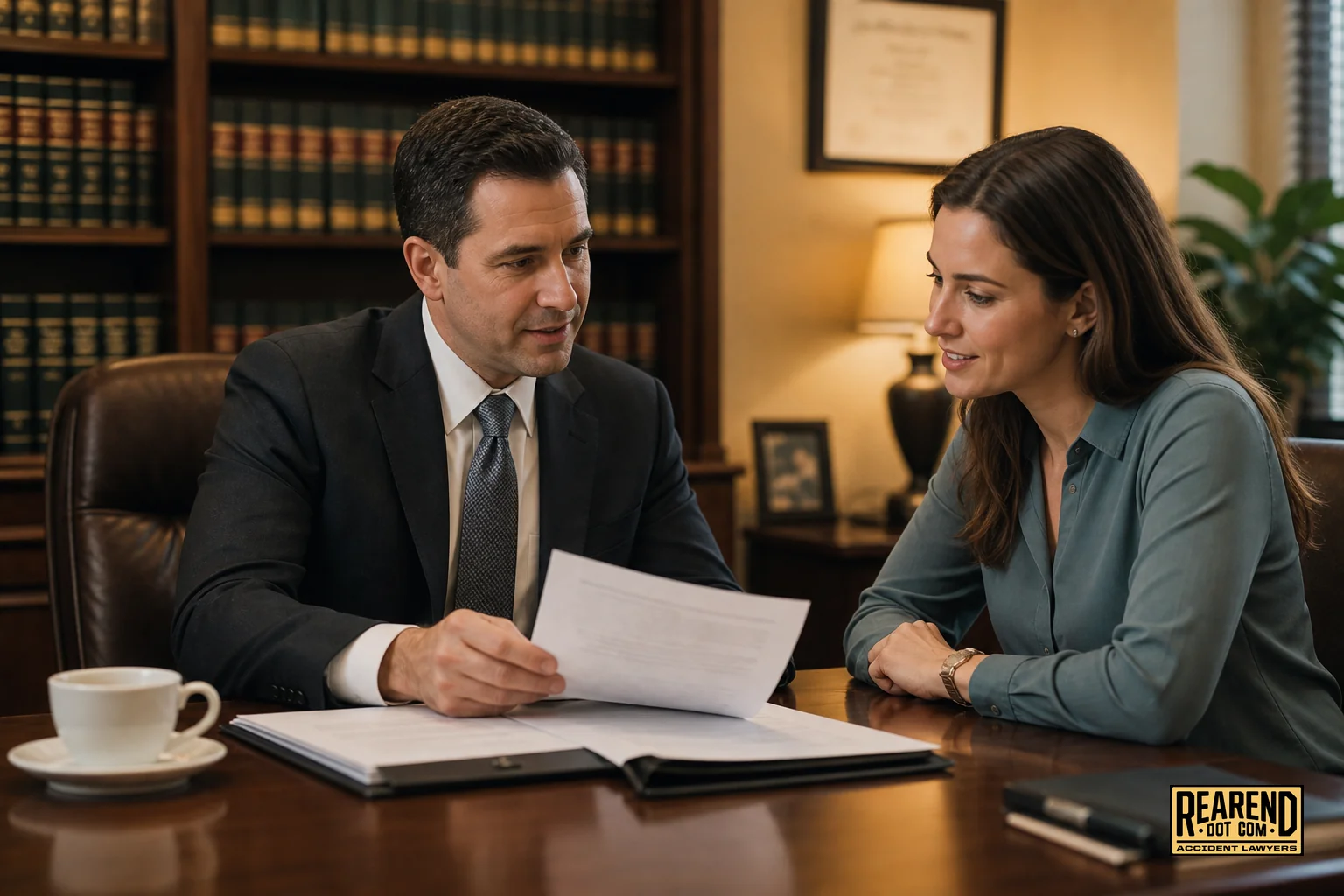 Rear-end accident victim consulting with an attorney in a professional office, reviewing claim documents together