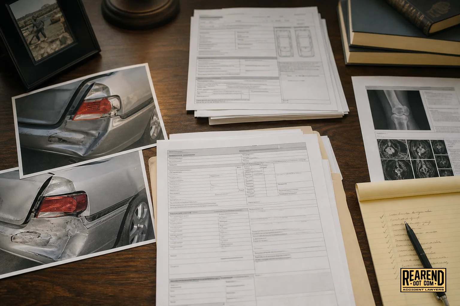 Organized documents including police report, medical records, and vehicle damage photos laid out on a desk for an insurance appeal