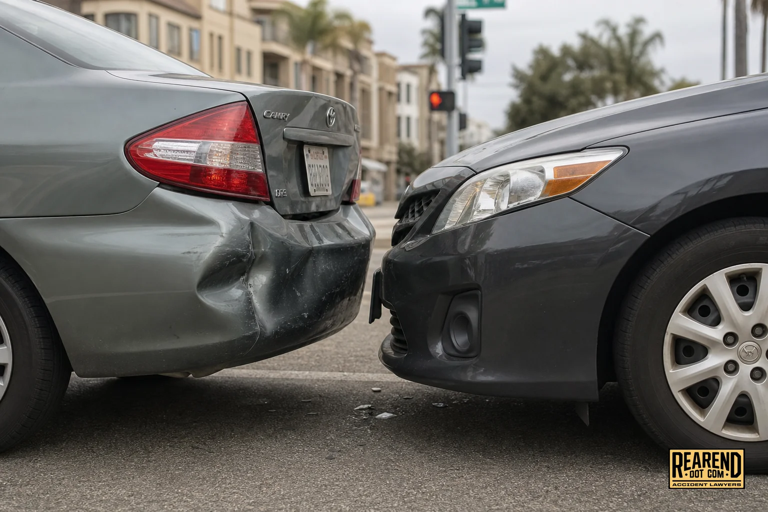 Rear-end collision aftermath on a California urban street showing a dented rear bumper of a sedan