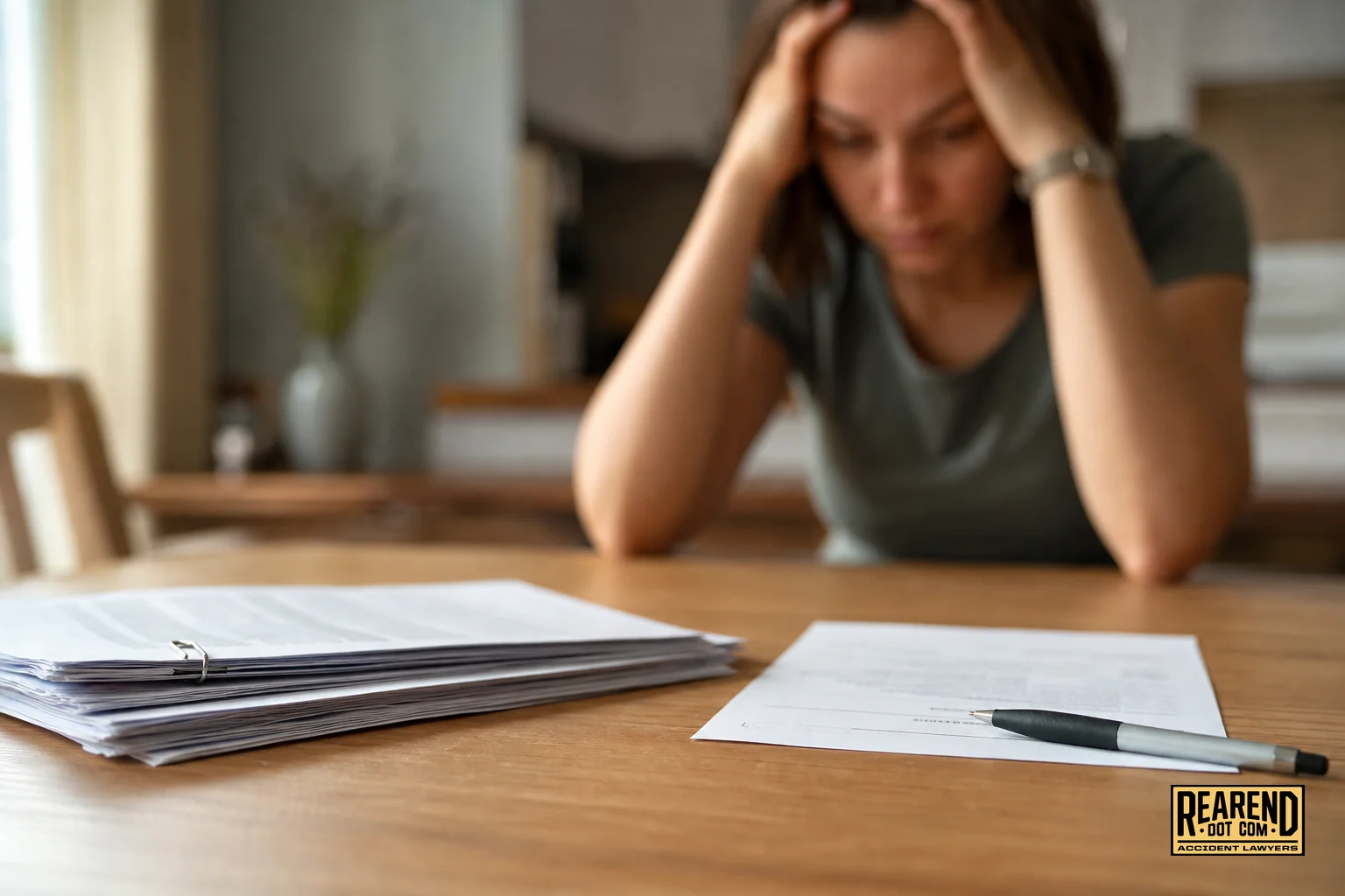 Close-up of a stressed person reviewing a stack of medical bills and an insurance settlement letter at home. Photorealistic close-up photo of a stack of medical bills, an insurance settlement letter, and a pen on a wooden kitchen table