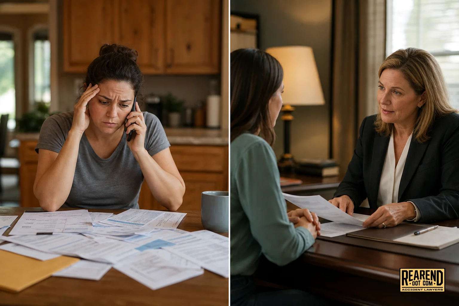 Split visual contrast between a person alone on the phone with an insurance adjuster versus a person consulting calmly with an attorney across a desk. Photorealistic photo, split composition: on one side a stressed person sitting alone at a