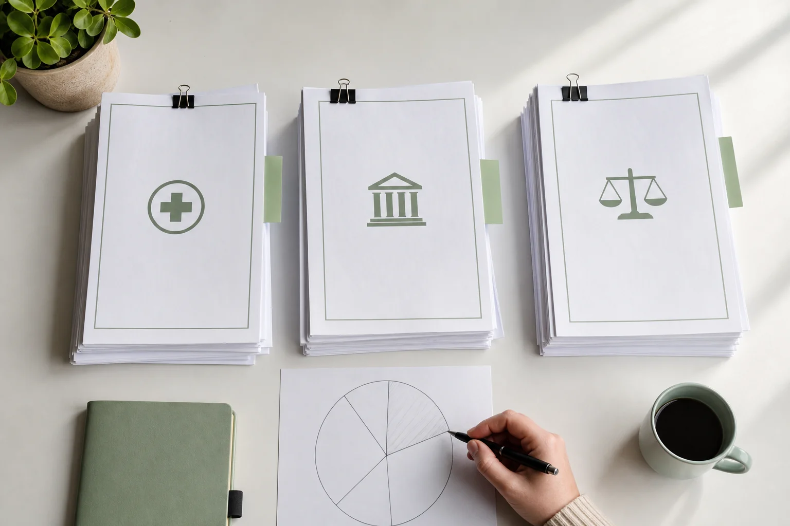 Organized legal documents and a pie chart representing settlement deduction breakdown