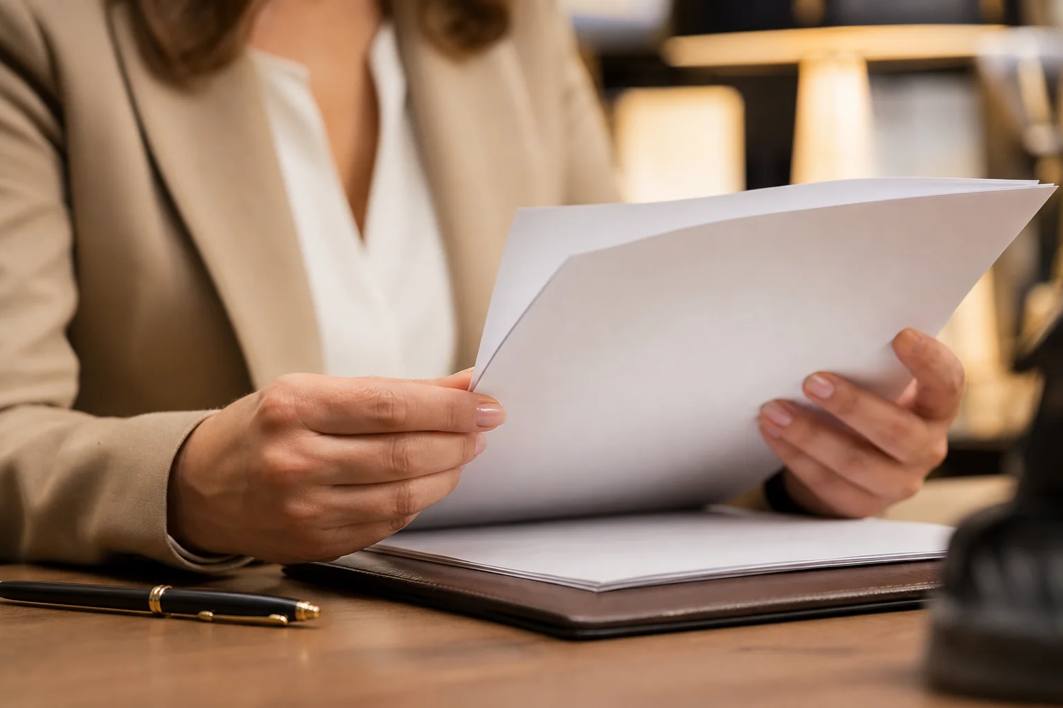 Person carefully reading a legal fee agreement document before signing