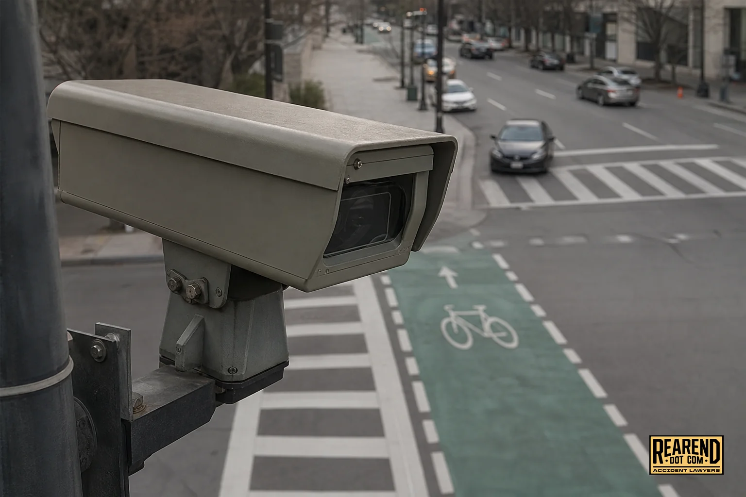 Close-up of a traffic/security camera mounted on a city pole overlooking a bike lane intersection, representing evidence gathering. Photorealistic photo, close-up shot of a traffic surveillance camera mounted on a metal pole above a city