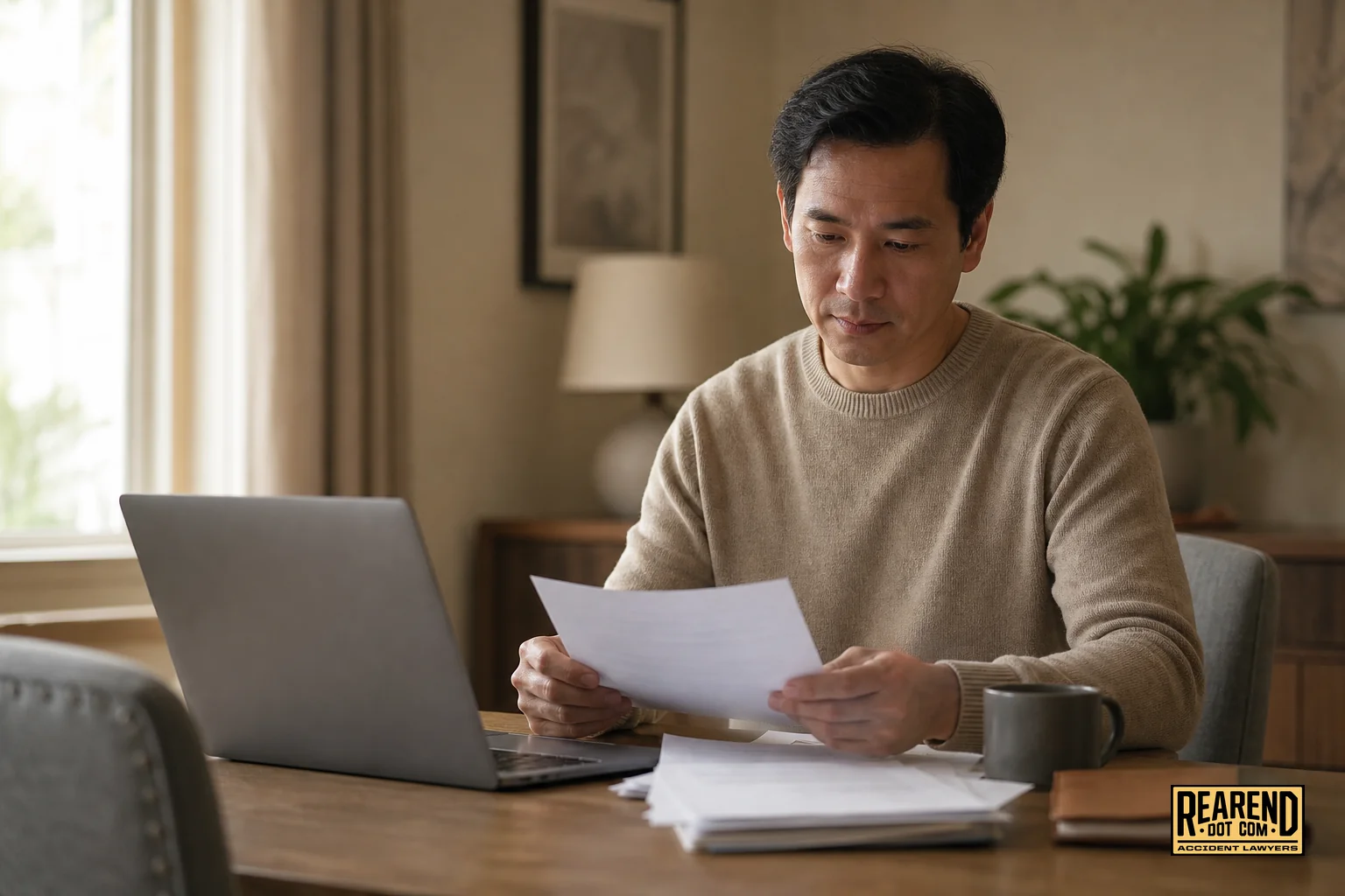 A person reviewing paperwork and a laptop at a table, representing evaluating legal options after a crash, calm and reassuring mood. Photorealistic photo, warm indoor scene of a person sitting at a wood table reviewing documents and a