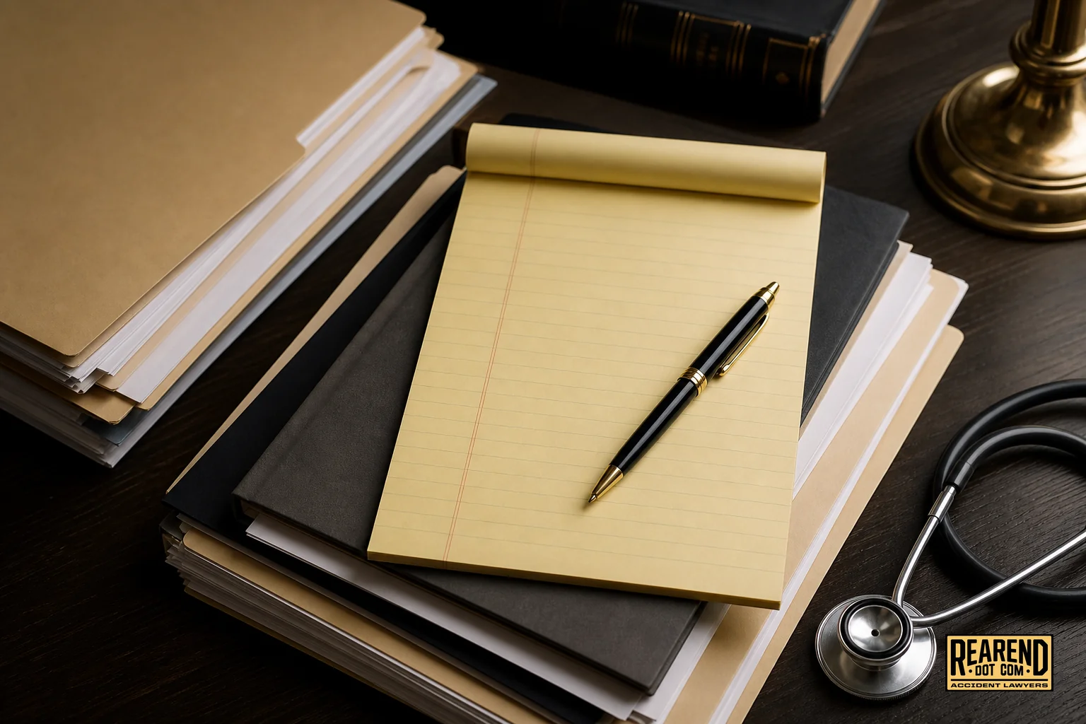 Organized legal documents, medical records, and a notepad representing a personal injury demand package for a Riverside CA rear-end accident claim