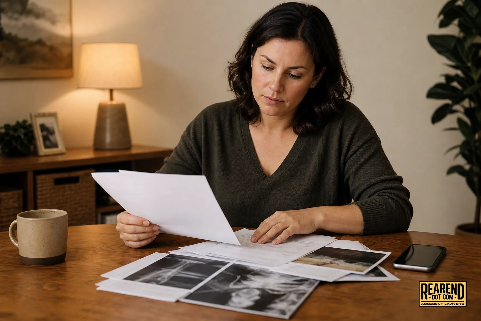 Person reviewing insurance claim documents and paperwork at a desk after a rear-end car accident in Riverside CA