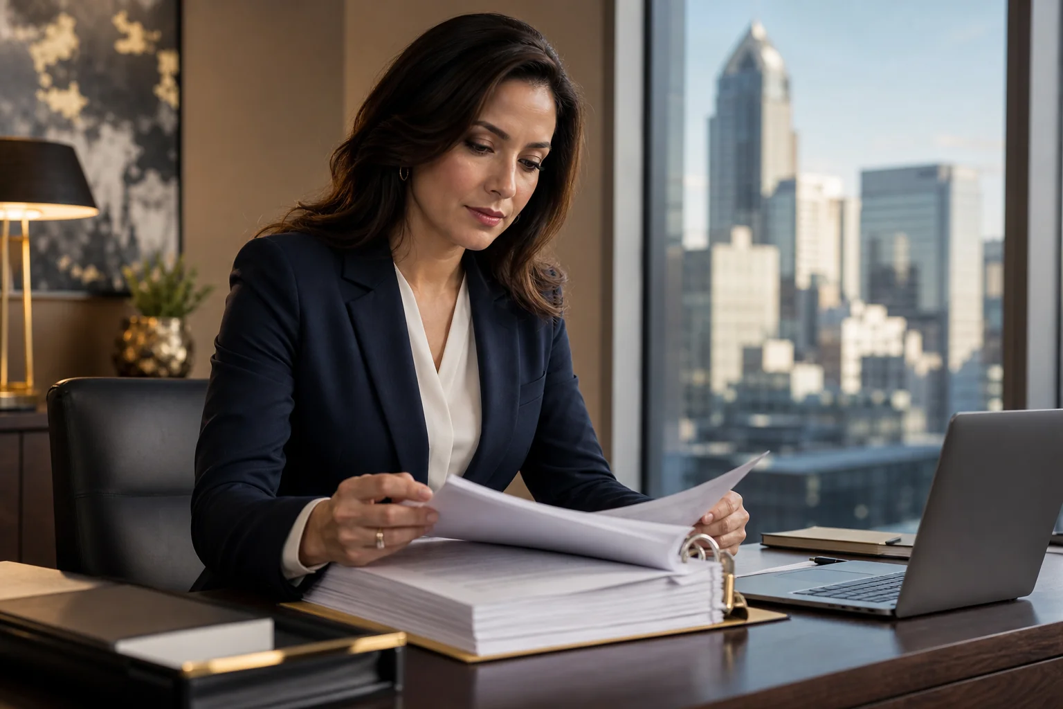 Attorney reviewing rear-end accident case files at a desk with a city skyline in the background, representing focused legal advocacy for accident victims