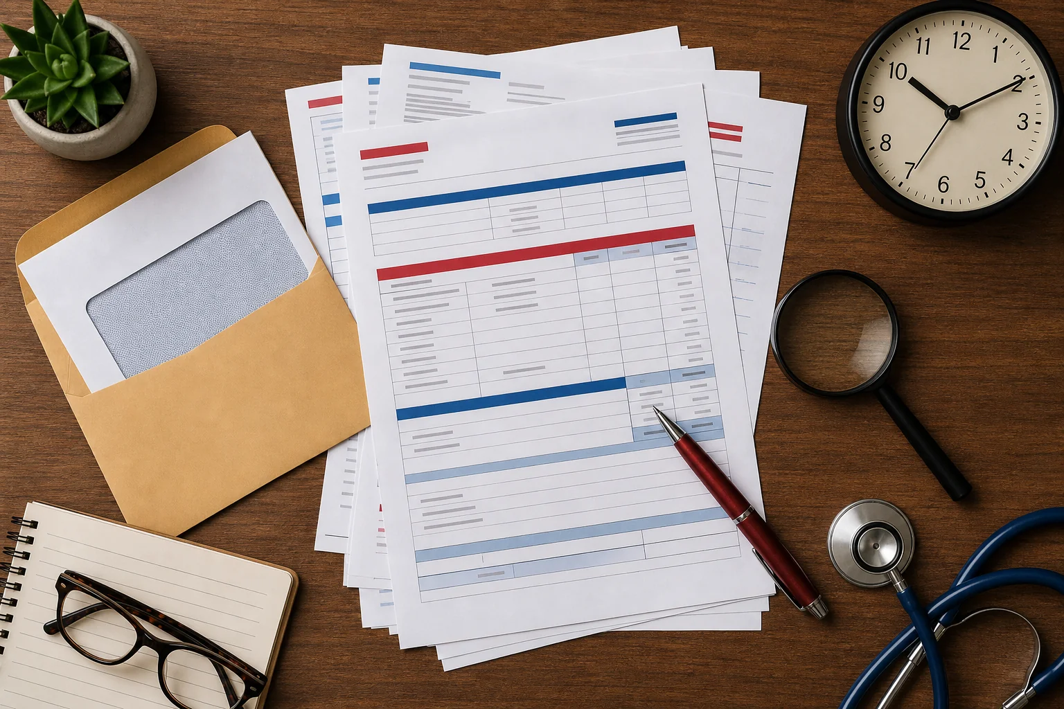 Stacked medical bills, insurance documents, and a clock on a desk, representing the subrogation and lien resolution process that delays final settlement payment