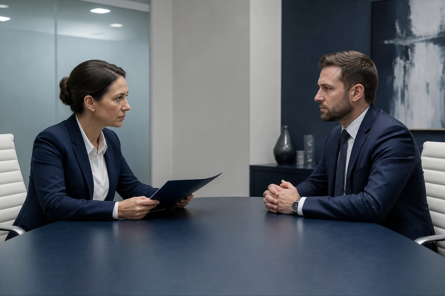 Two professionals negotiating across a conference table, representing the demand letter and insurance negotiation phase of a rear-end accident settlement