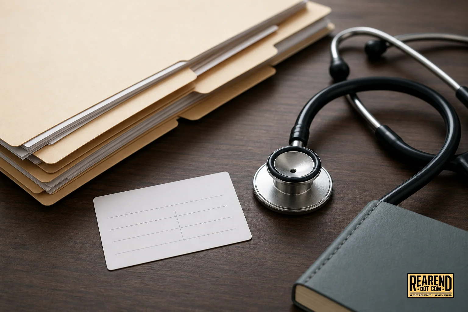 Close-up of medical paperwork and a stethoscope representing documentation gathered after a crash. photorealistic close-up photo of a stack of medical record folders, an appointment card, and a stethoscope resting on a wooden desk, soft