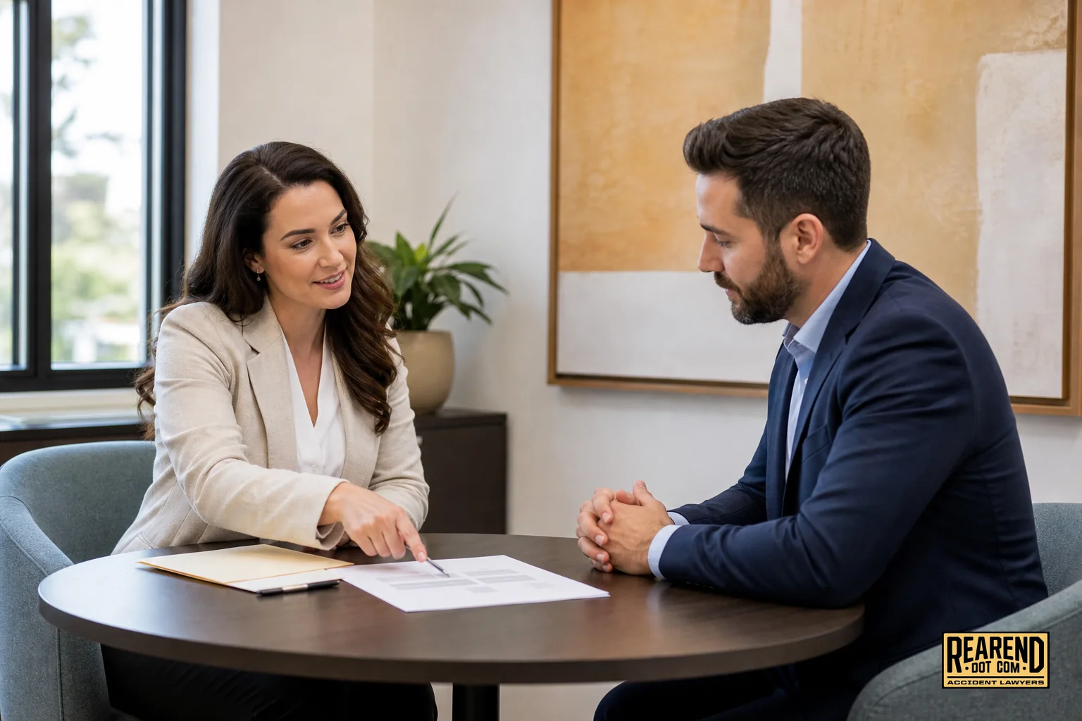 photorealistic photo of two people sitting across a small table in a bright, modern office, one person pointing to a printed document while the other listens attentively, both engaged and calm, neutral professional attire, warm tan #e0c08f