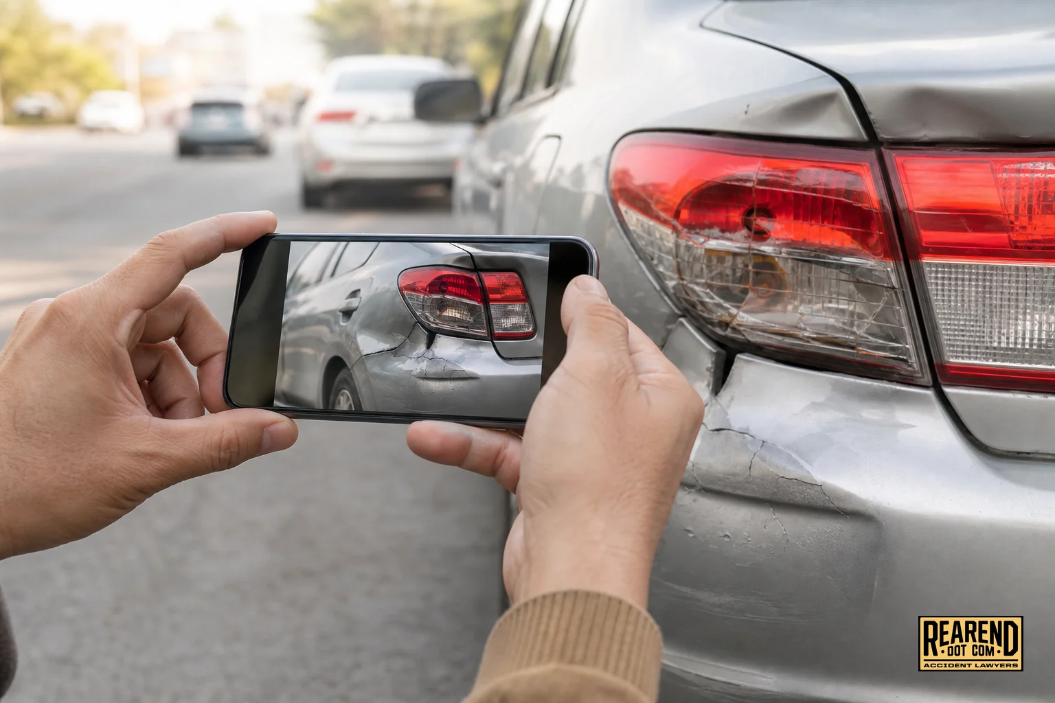 Close-up of a person photographing rear-end vehicle damage with a smartphone for insurance documentation. Photorealistic close-up photo of a person's hands holding a smartphone taking a picture of a dented rear bumper and cracked taillight