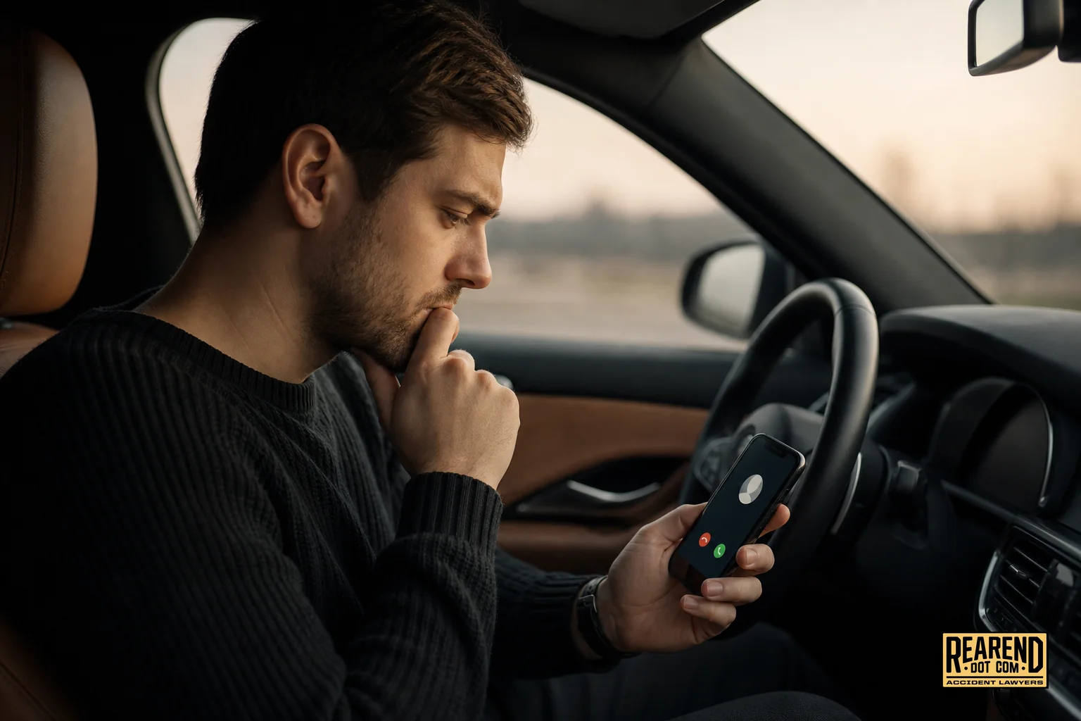 Person sitting in their car looking thoughtfully at a phone call from an unknown number after a crash. Photorealistic photo of a person sitting in the driver's seat of a car, holding a phone showing an incoming call, expression of