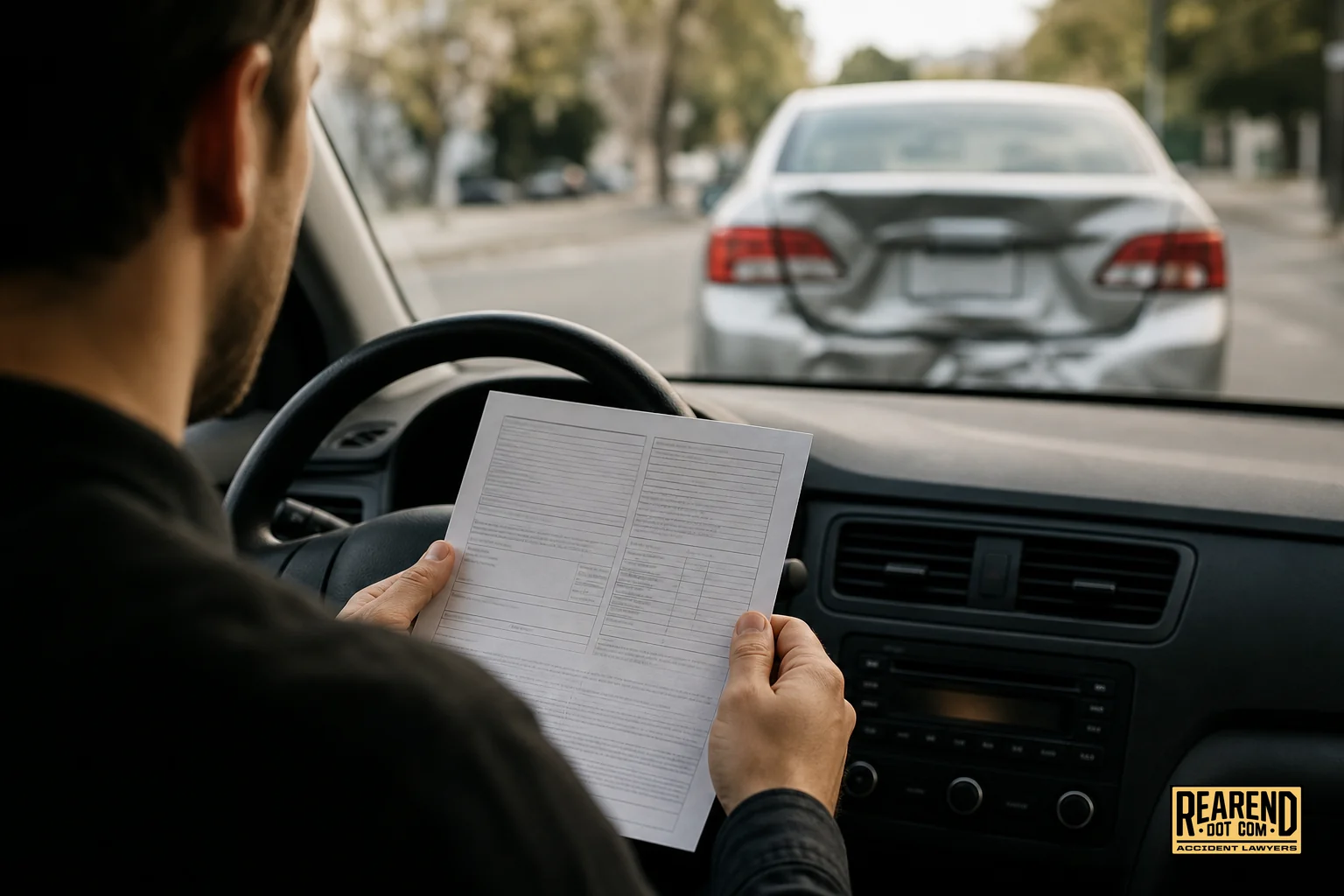 Close-up of a driver reviewing an auto insurance policy document near a damaged car. photorealistic photo of a person's hands holding a printed auto insurance policy document while sitting in the driver's seat of a car with a visibly dented