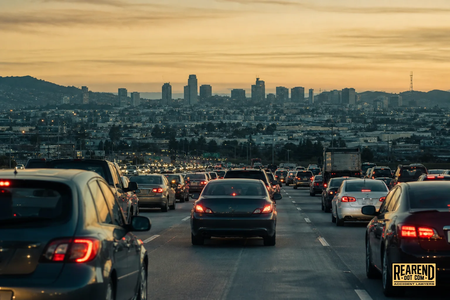 Oakland freeway traffic scene evoking congestion and collision risk near I-880. photorealistic photo of heavy traffic congestion on a California freeway resembling Oakland's I-880 corridor at dusk, brake lights glowing red, urban skyline