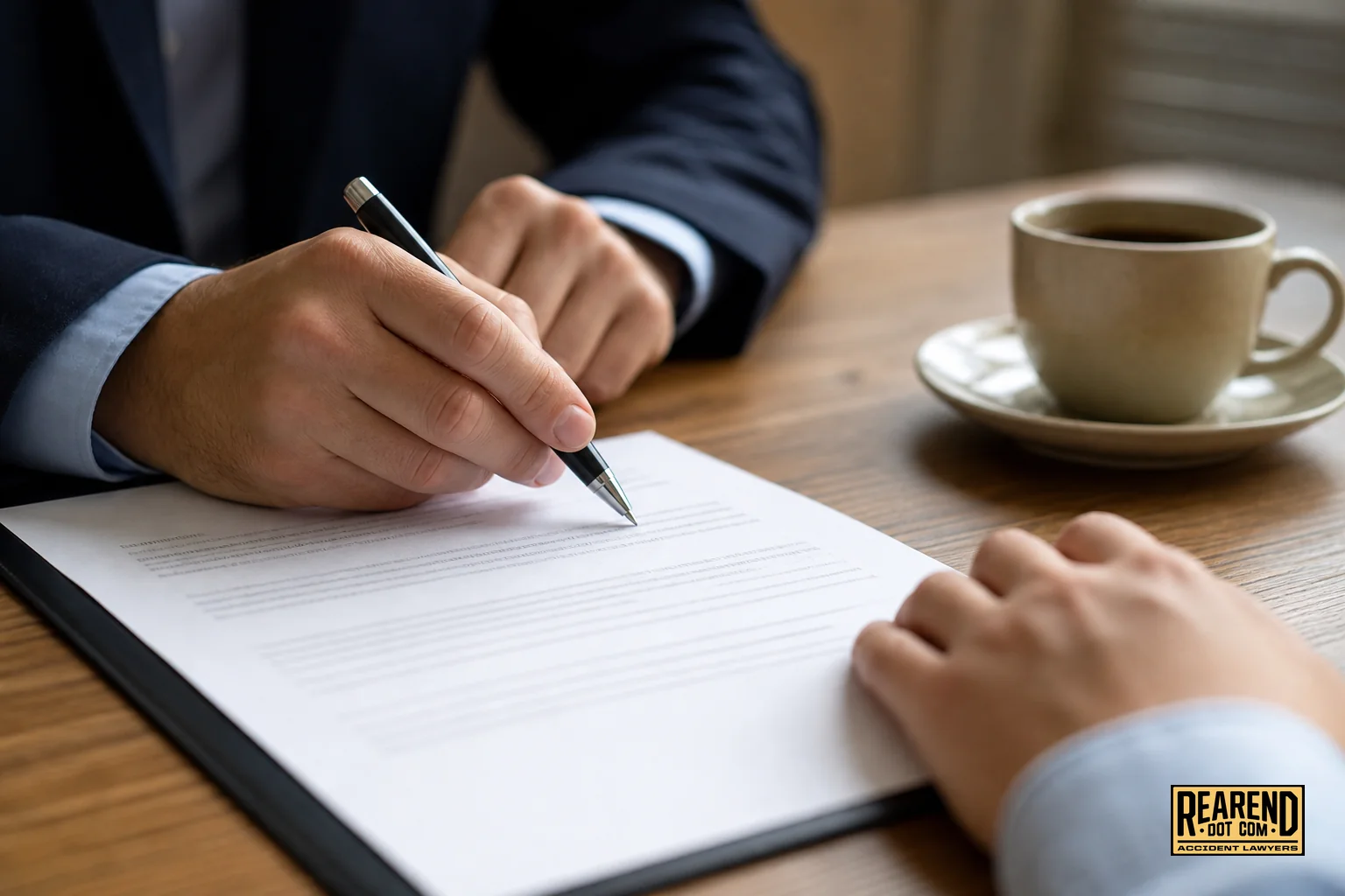 photorealistic close-up photo of two hands, one holding a pen near a legal document on a wooden desk, a cup of coffee nearby, warm brown and tan tones #443f33 and #e0c08f, office setting with soft natural light, professional and trustworthy